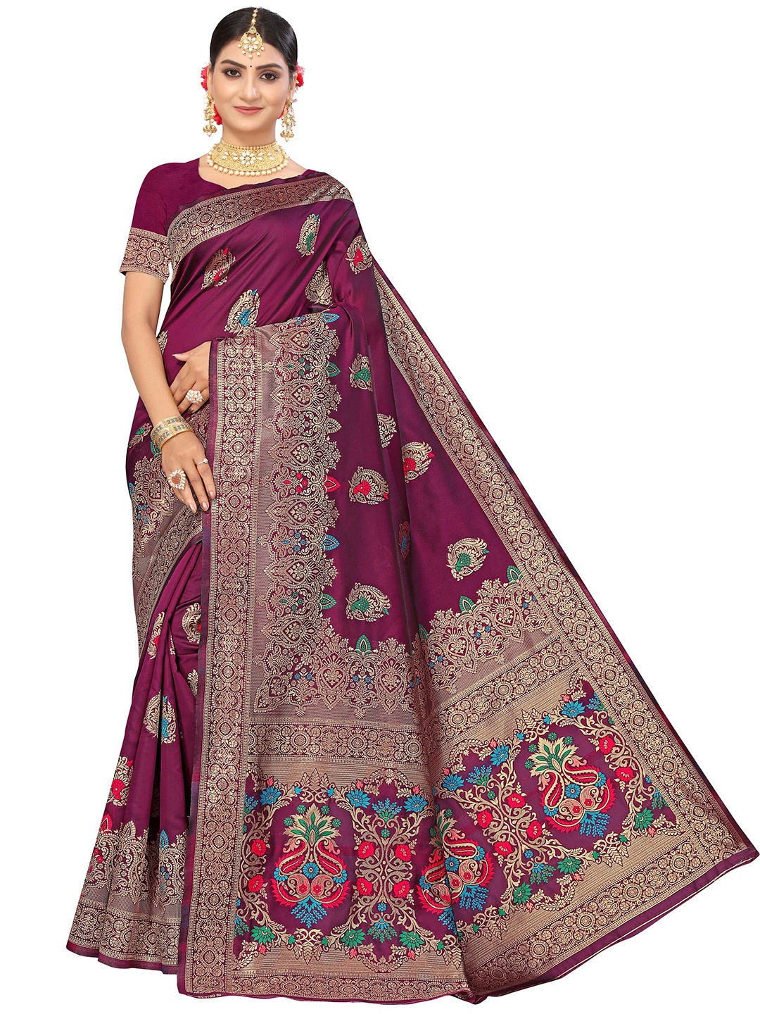 

MANVAA Purple & Pink Ethnic Woven Design Zari Silk Banarasi Saree
