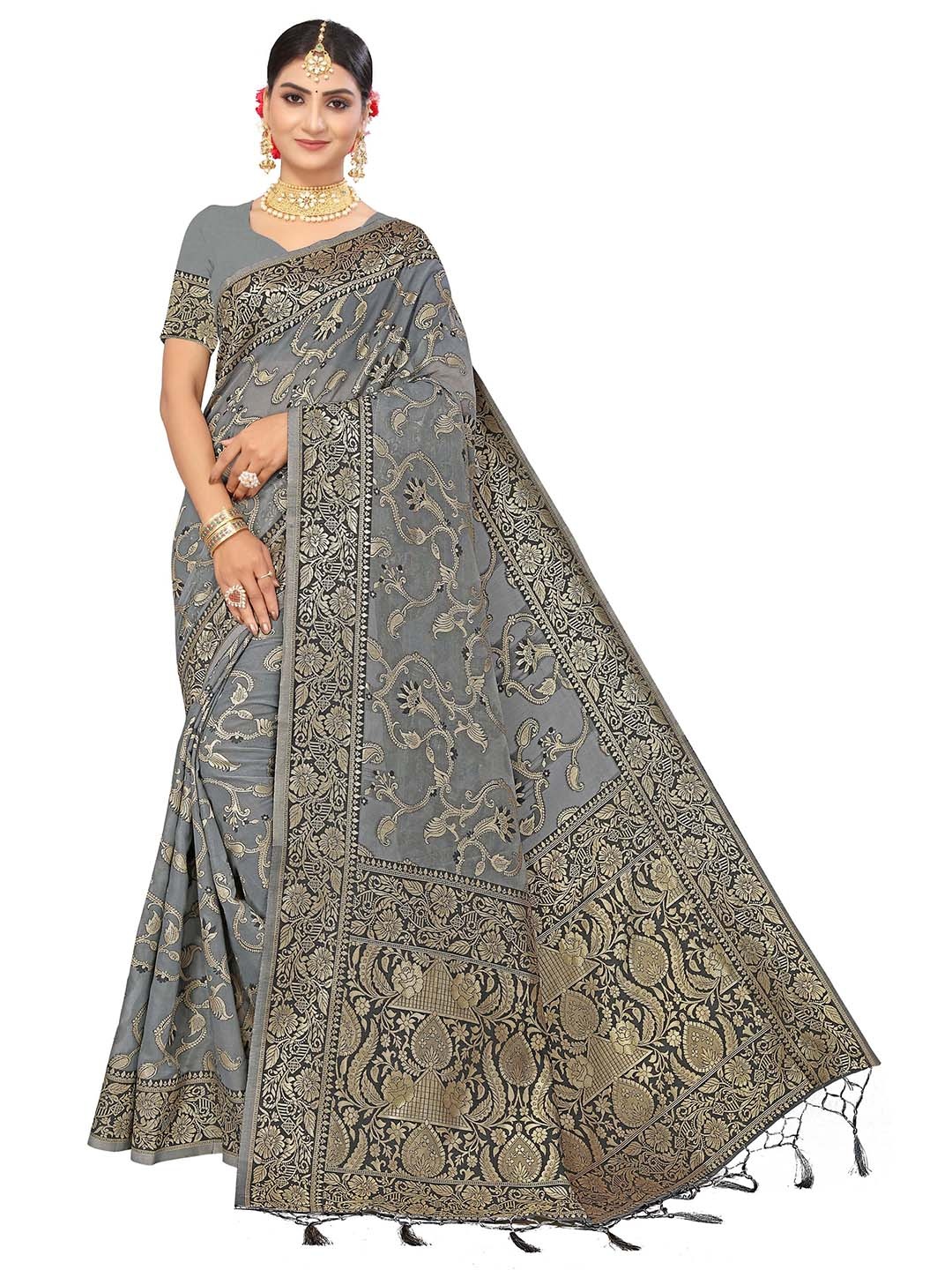 

MANVAA Ethnic Woven Design Zari Pure Cotton Kanjeevaram Saree, Grey