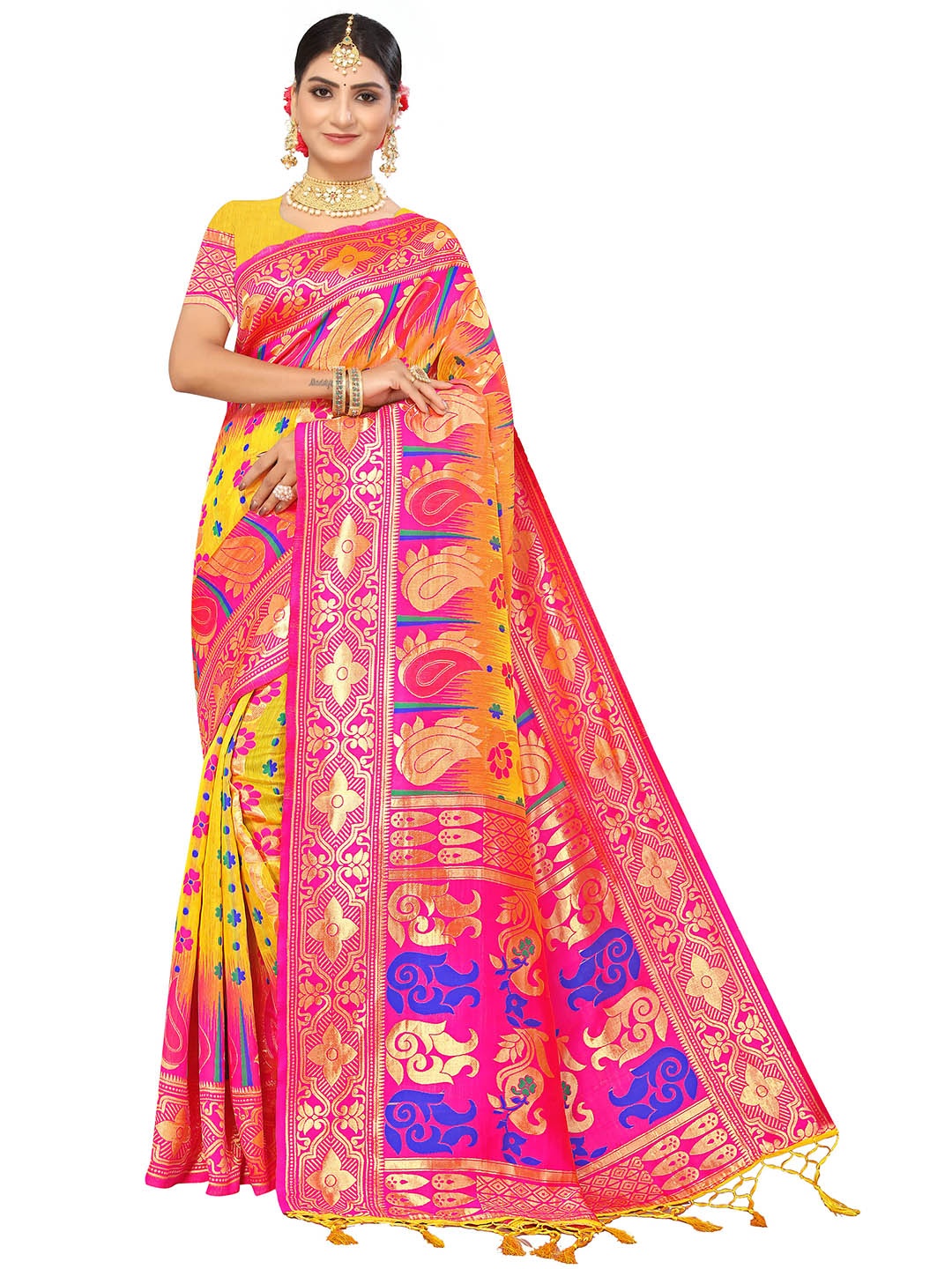 

MANVAA Ethnic Woven Design Zari Banarasi Saree, Yellow