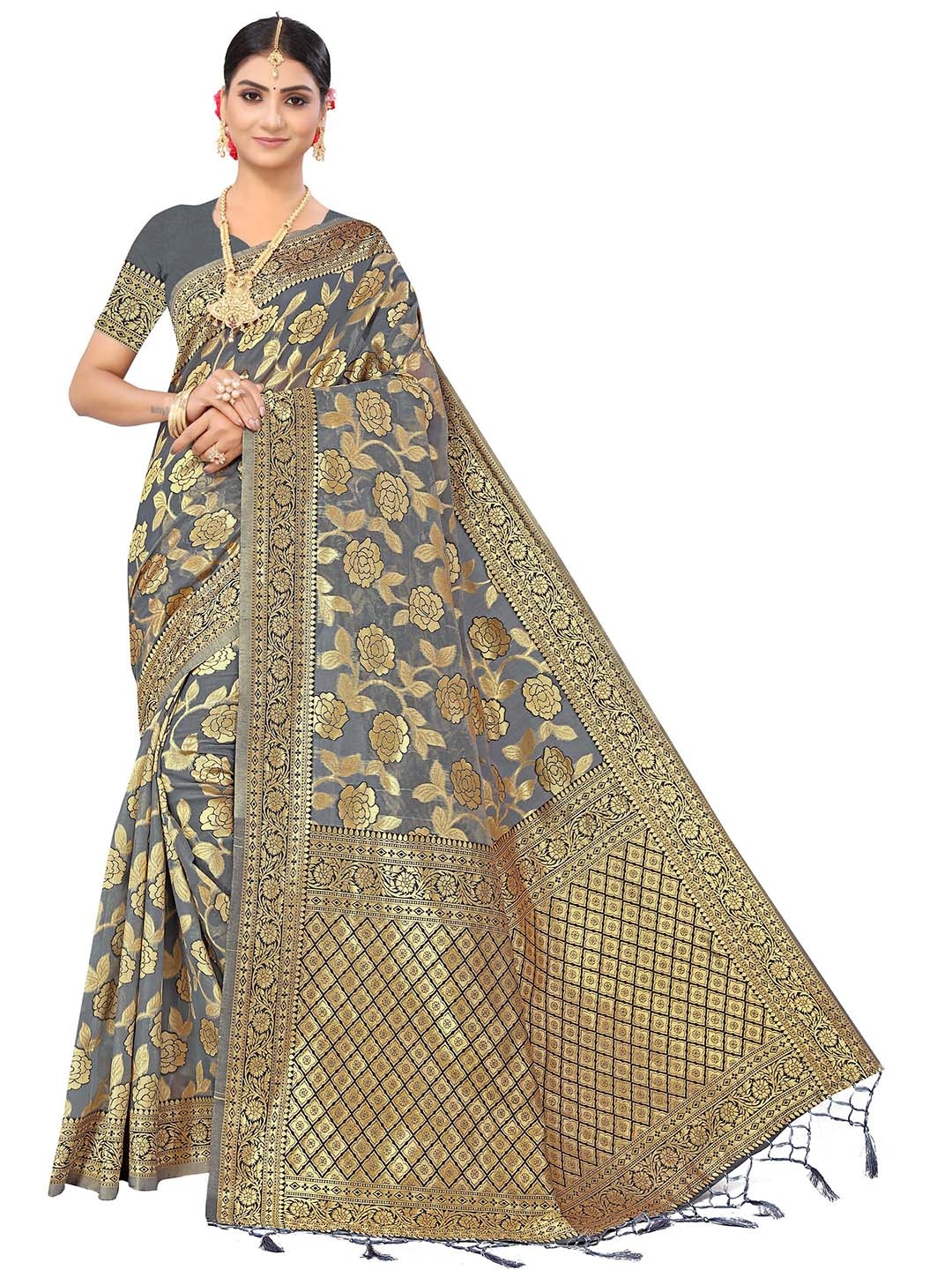 

MANVAA Ethnic Woven Design Zari Pure Cotton Kanjeevaram Saree, Grey