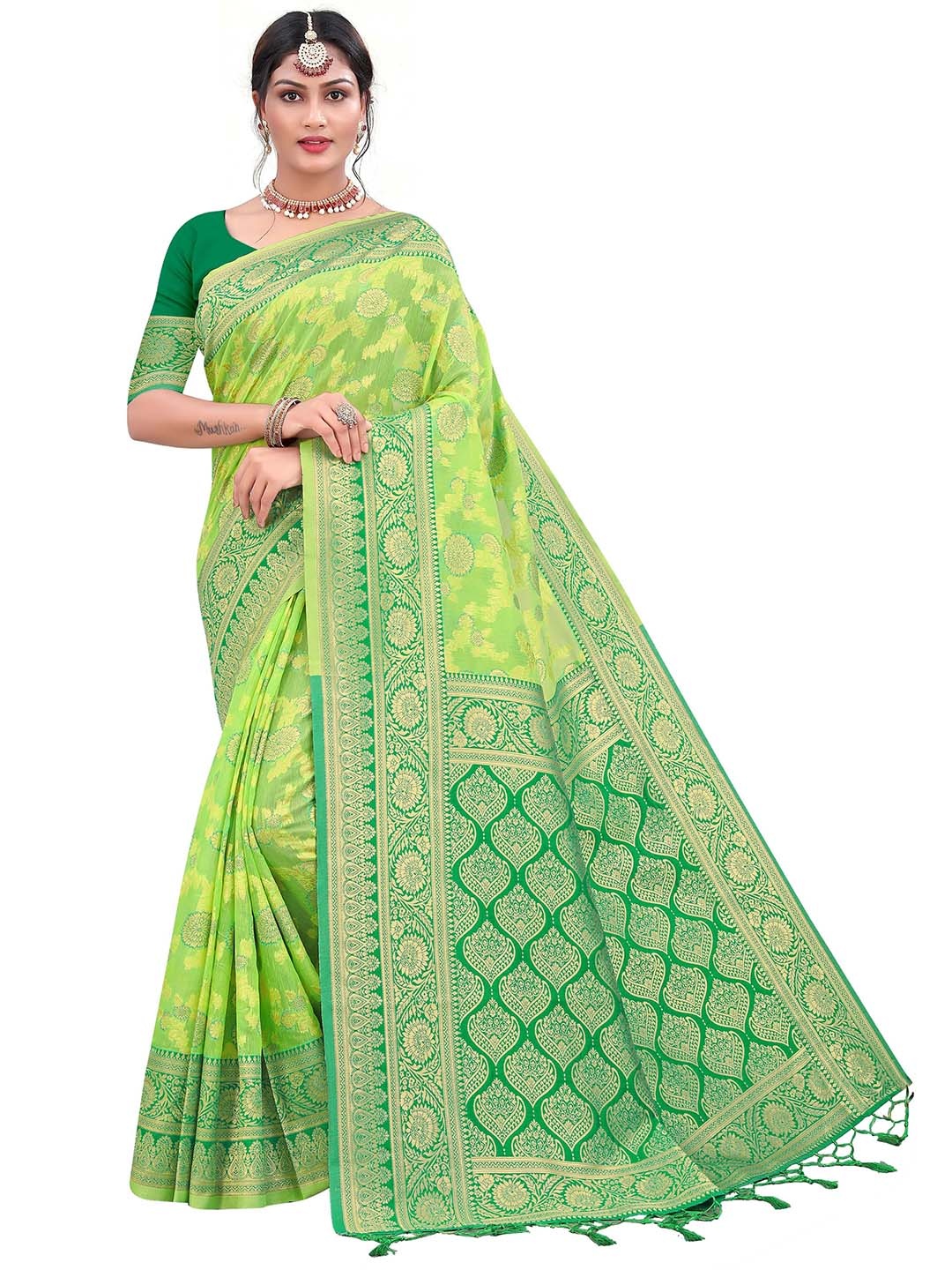 

MANVAA Green & GoldToned Ethnic Woven Design Zari Pure Cotton Kanjeevaram Saree