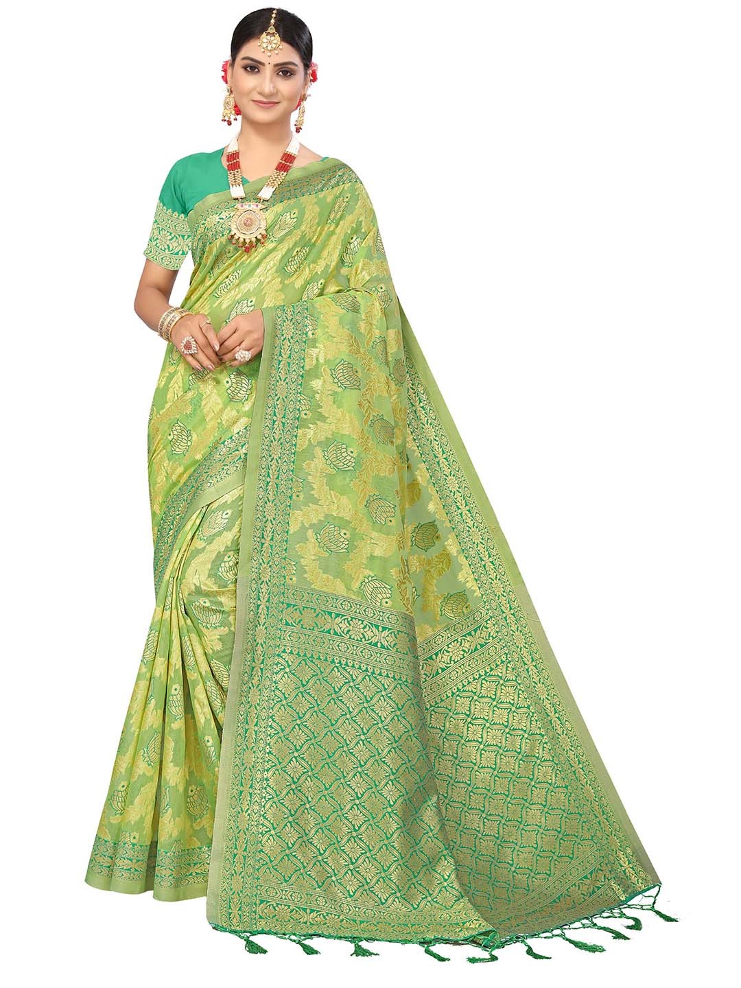

MANVAA Ethnic Motifs Woven Design Zari Pure Cotton Banarasi Saree, Green