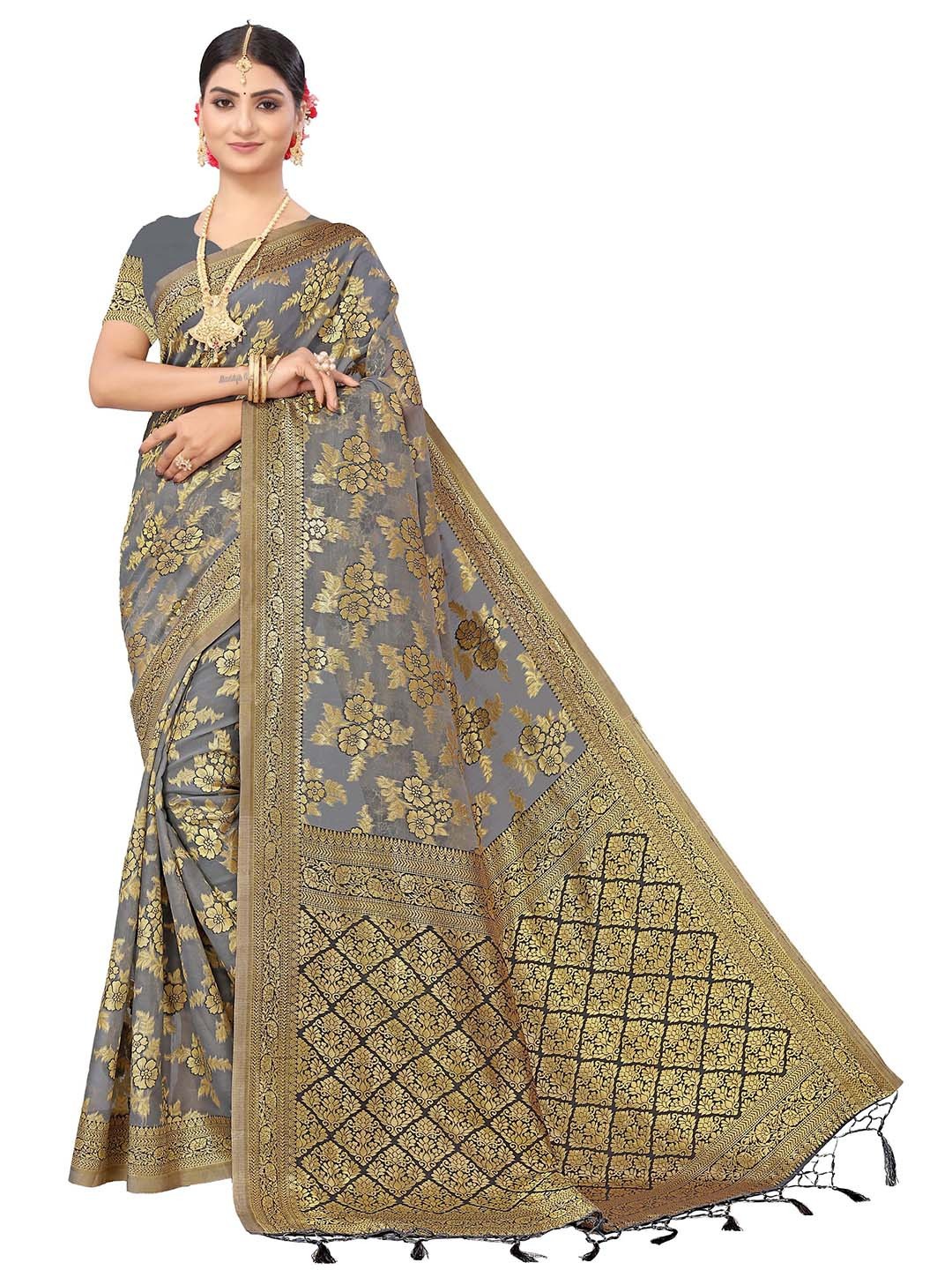 

MANVAA Floral Woven Design Zari Pure Cotton Banarasi Saree, Grey