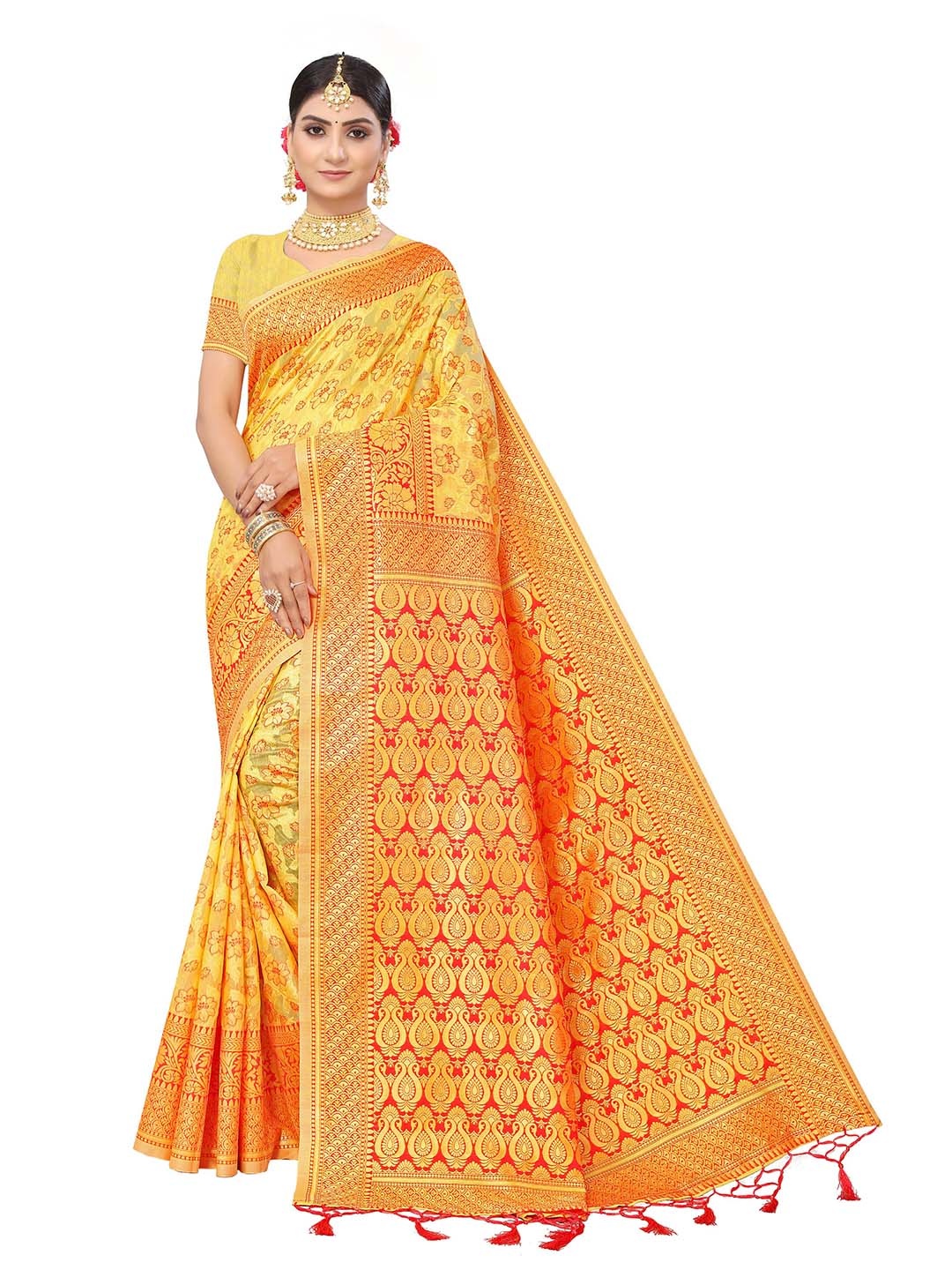 

MANVAA Ethnic Motifs Woven Design Zari Pure Cotton Kanjeevaram Saree, Yellow