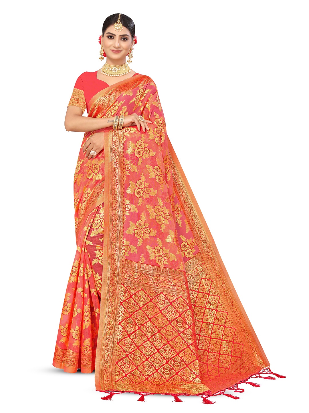 

MANVAA Floral Woven Design Zari Pure Cotton Banarasi Saree, Peach