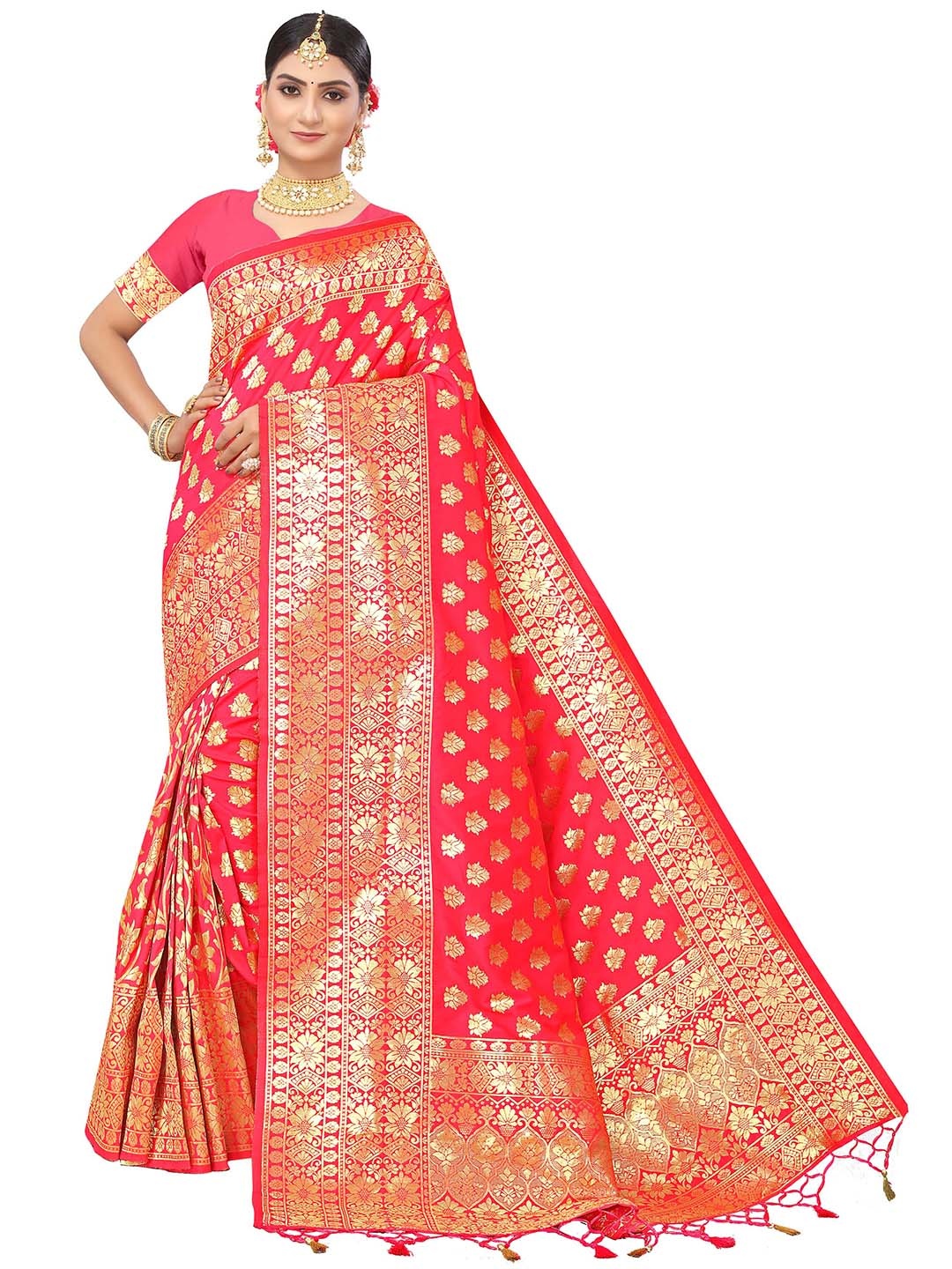 

MANVAA Ethnic Motifs Woven Design Zari Banarasi Saree, Pink