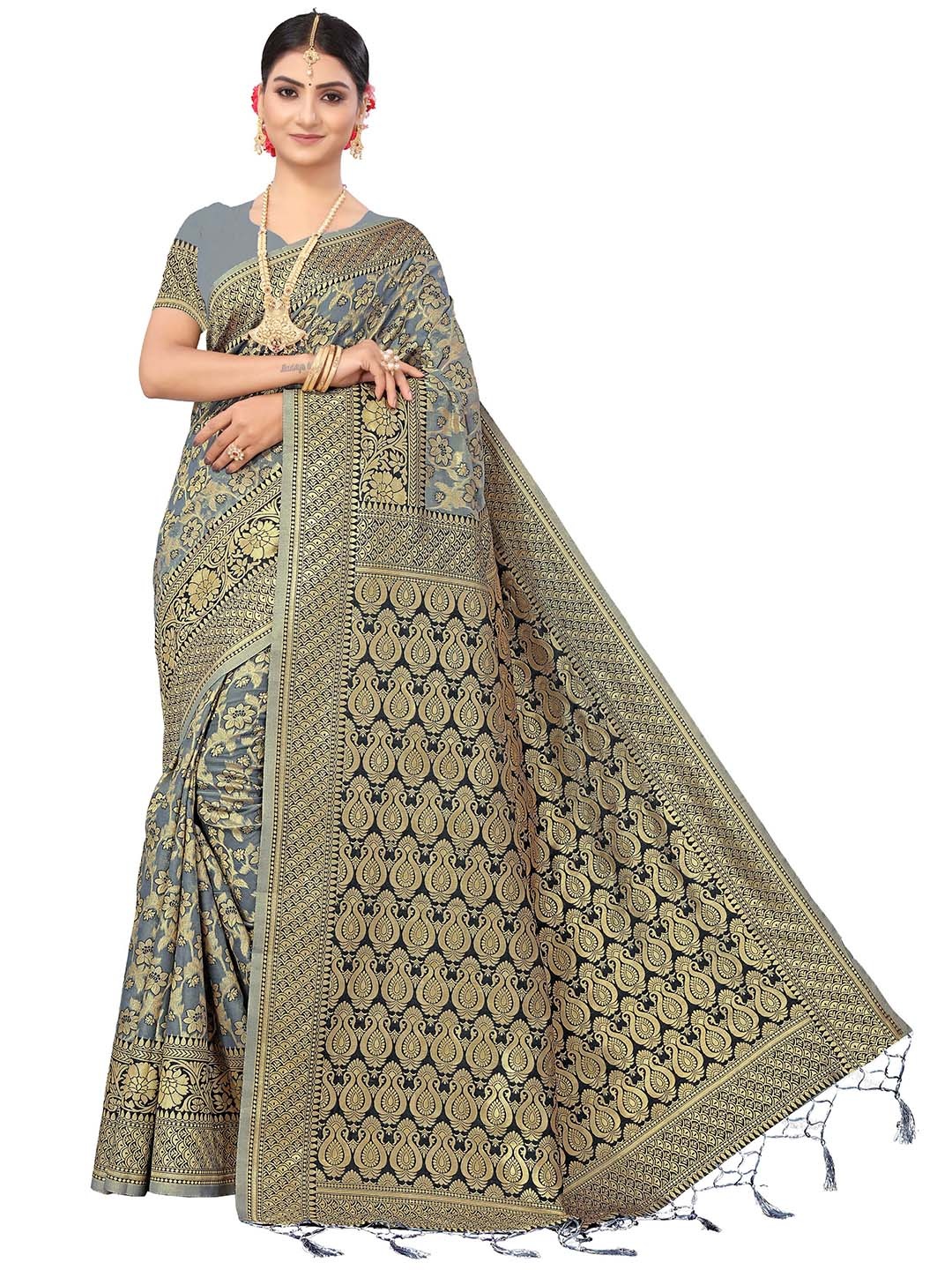 

MANVAA Ethnic Woven Design Zari Pure Cotton Kanjeevaram Saree, Grey