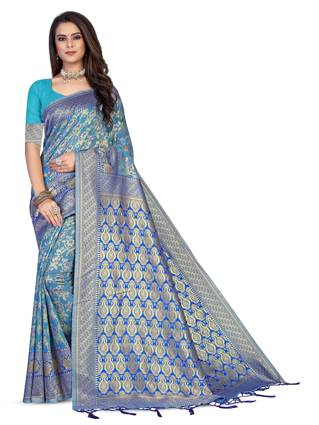 

MANVAA Floral Zari Pure Cotton Kanjeevaram Saree, Blue