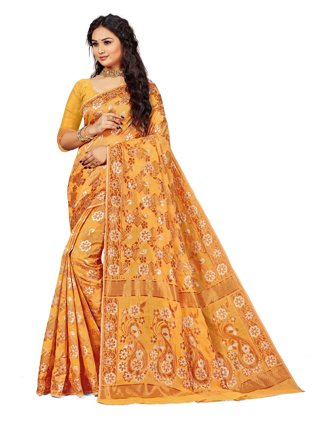 

MANVAA Floral Woven Design Zari Pure Cotton Saree, Mustard