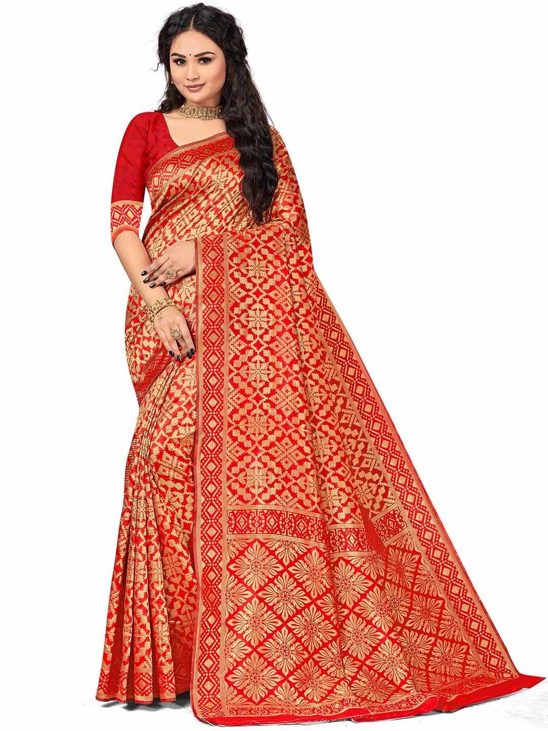

MANVAA Ethnic Woven Design Zari Saree, Red