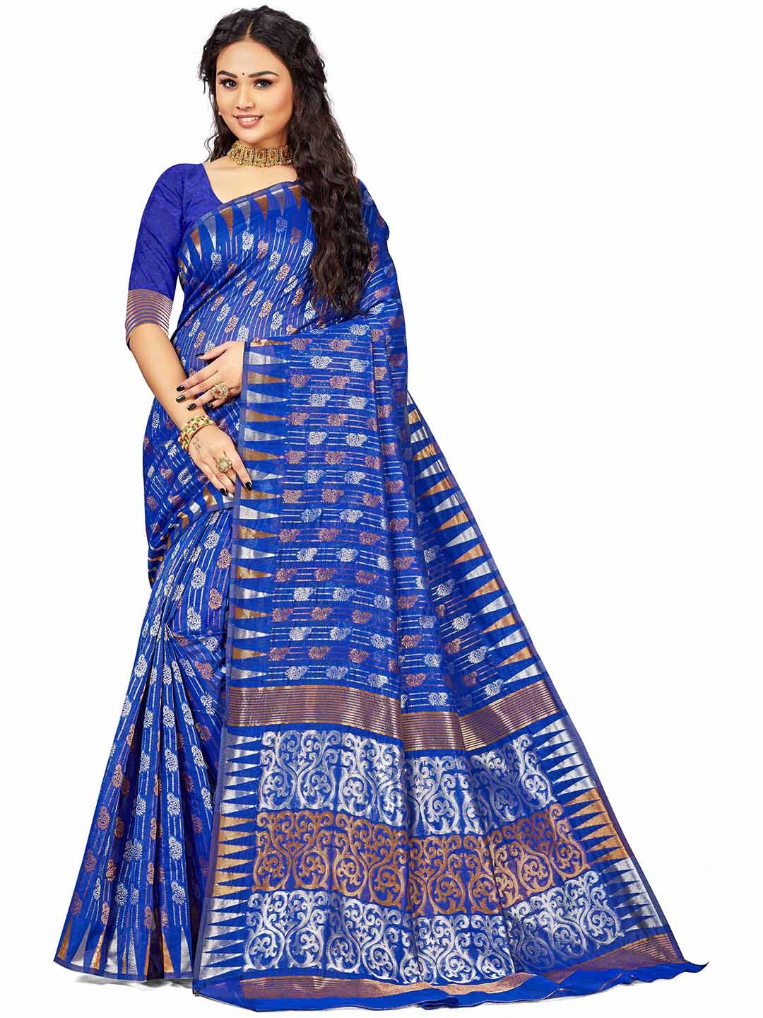 

MANVAA Ethnic Motifs Woven Design Zari Pure Cotton Saree, Blue