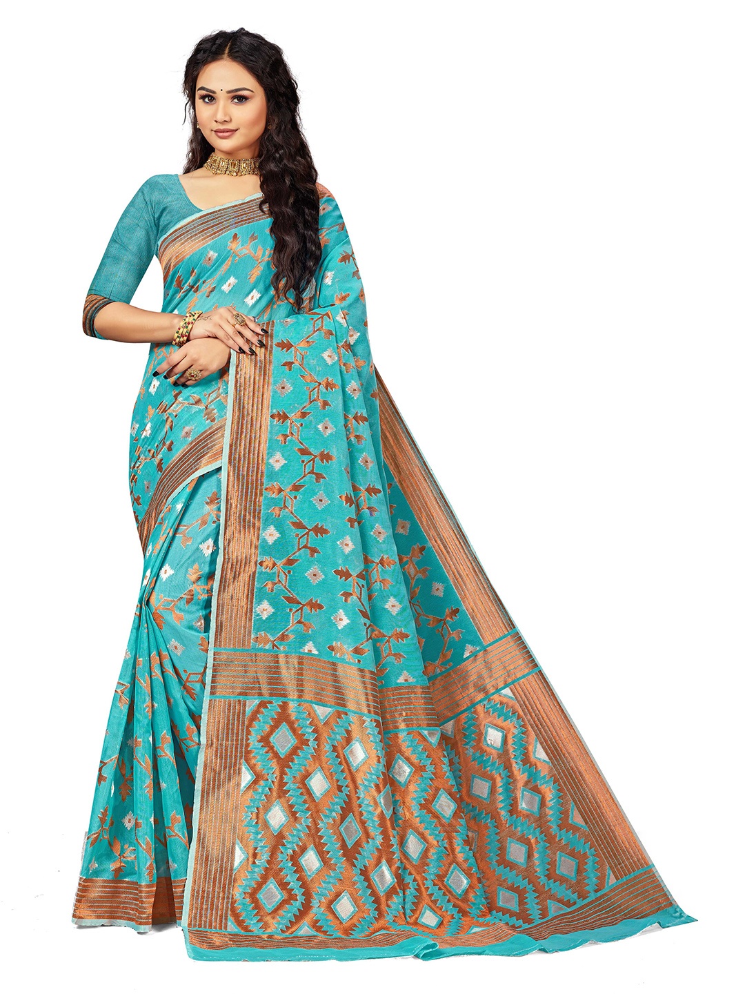 

MANVAA Floral Woven Design Zari Pure Cotton Saree, Blue