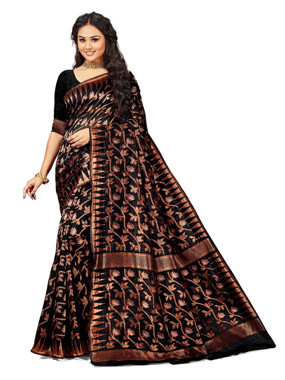 

MANVAA Ethnic Woven Design Zari Pure Cotton Saree, Black