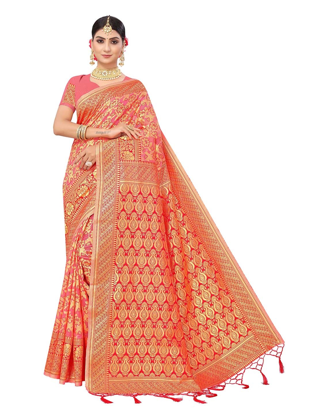 

MANVAA Ethnic Motifs Woven Design Zari Pure Cotton Kanjeevaram Saree, Peach