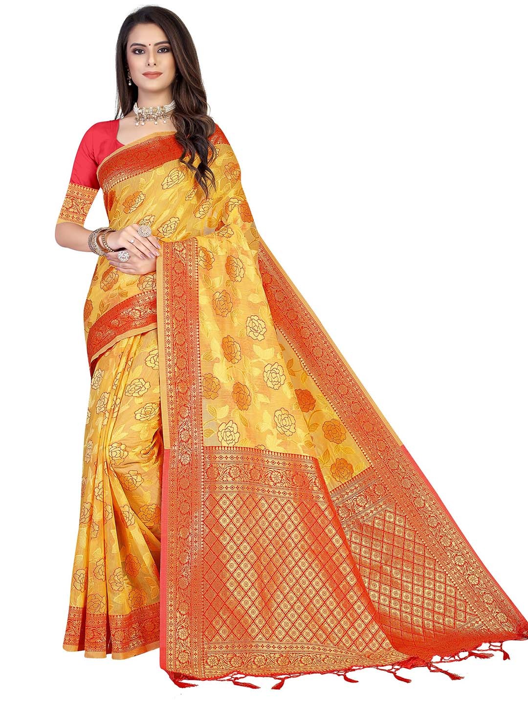 

MANVAA Ethnic Motifs Woven Design Zari Pure Cotton Kanjeevaram Saree, Gold