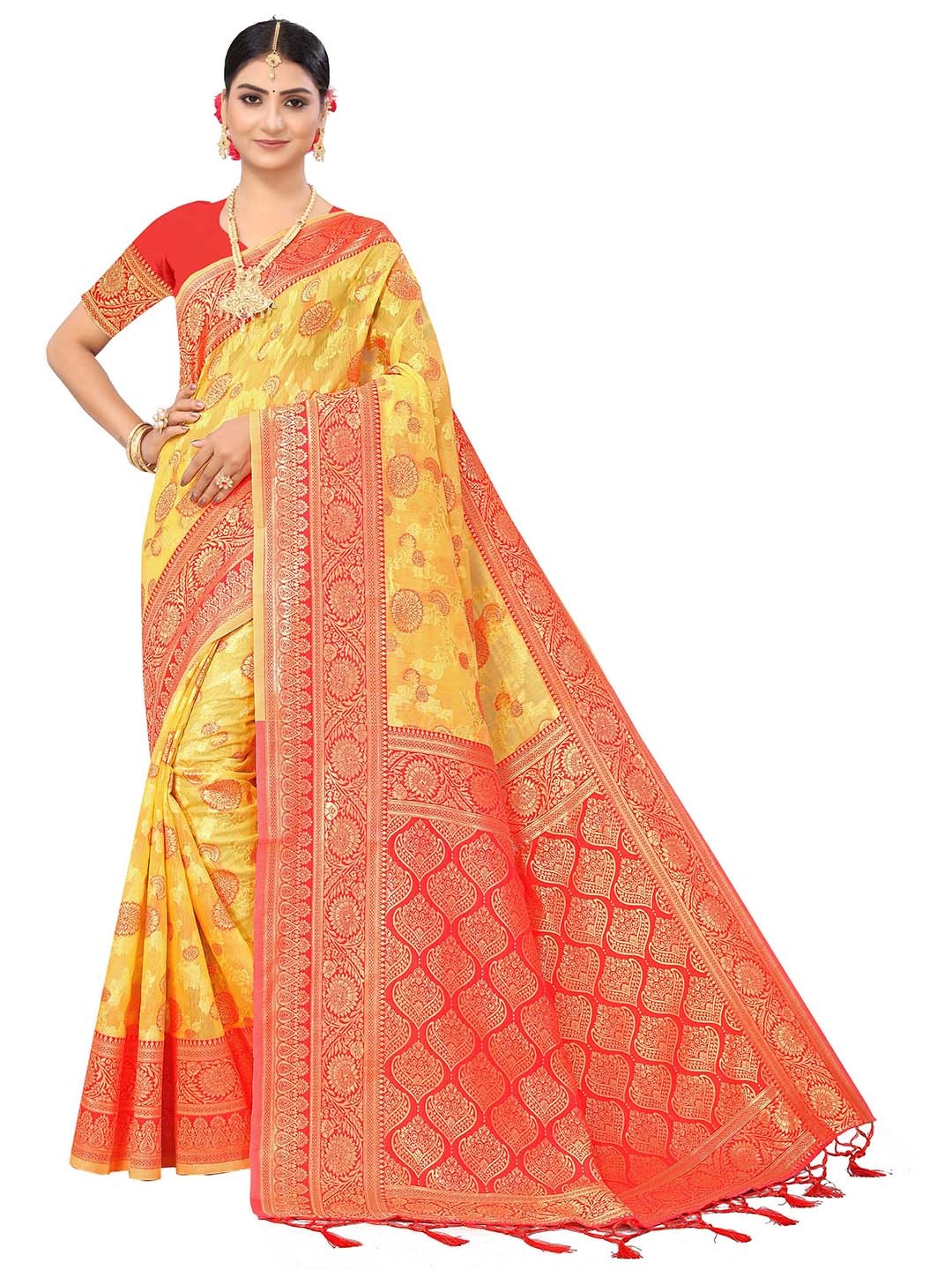 

MANVAA Yellow & Red Ethnic Woven Design Zari Pure Cotton Kanjeevaram Saree