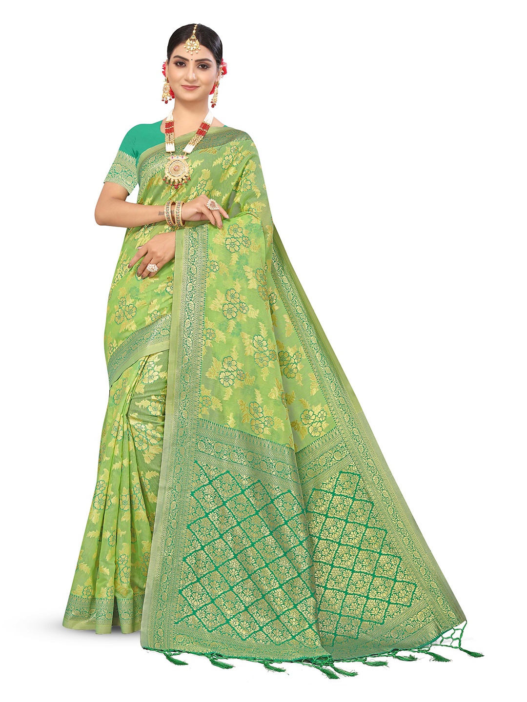 

MANVAA Floral Woven Design Zari Pure Cotton Banarasi Saree, Green