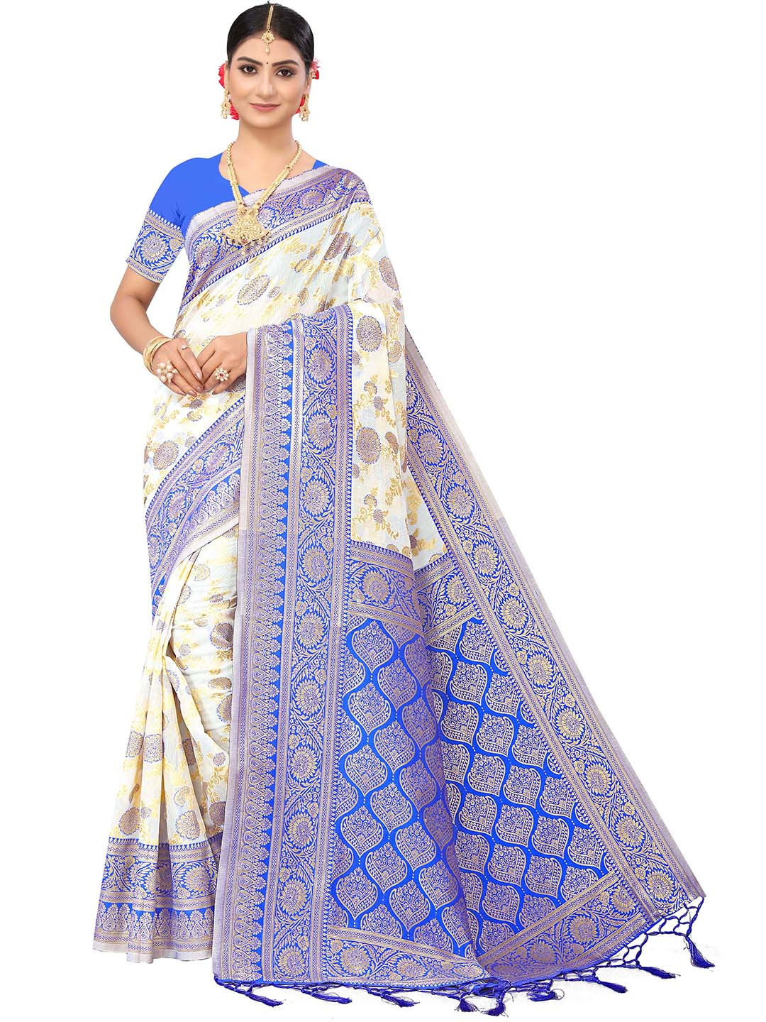 

MANVAA Ethnic Woven Design Zari Pure Cotton Kanjeevaram Saree, White