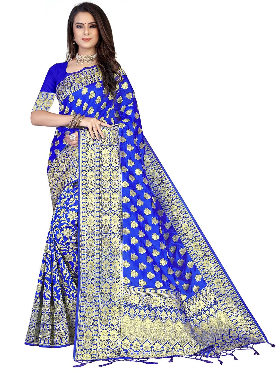 

MANVAA Blue & GoldToned Ethnic Woven Design Zari Silk Banarasi Saree
