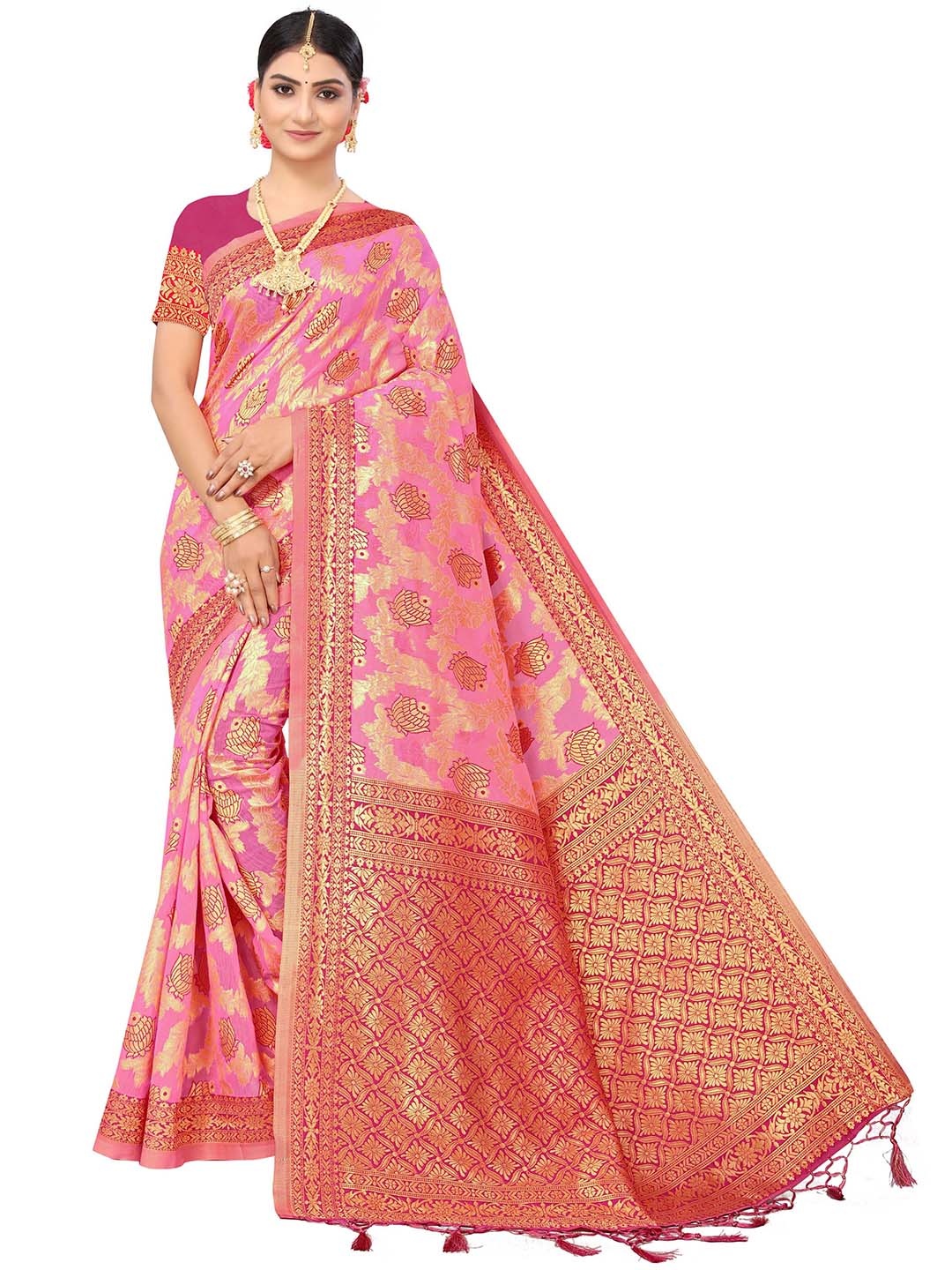 

MANVAA Ethnic Motifs Woven Design Zari Cotton Banarasi Saree, Pink