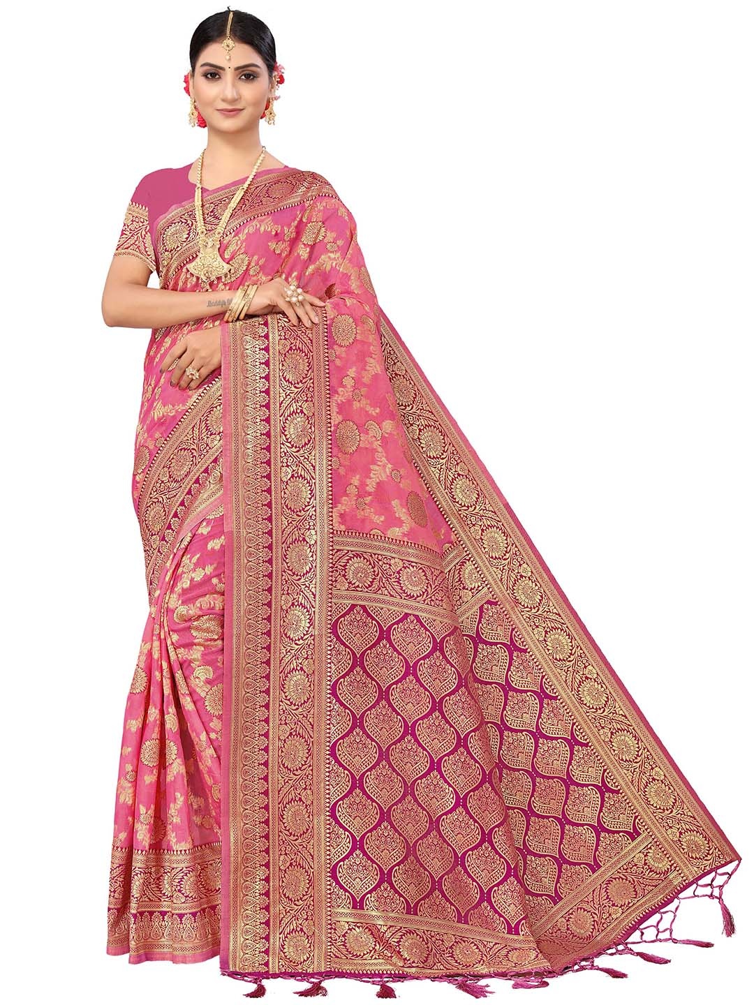 

MANVAA Ethnic Motifs Woven Design Zari Pure Cotton Kanjeevaram Saree, Pink