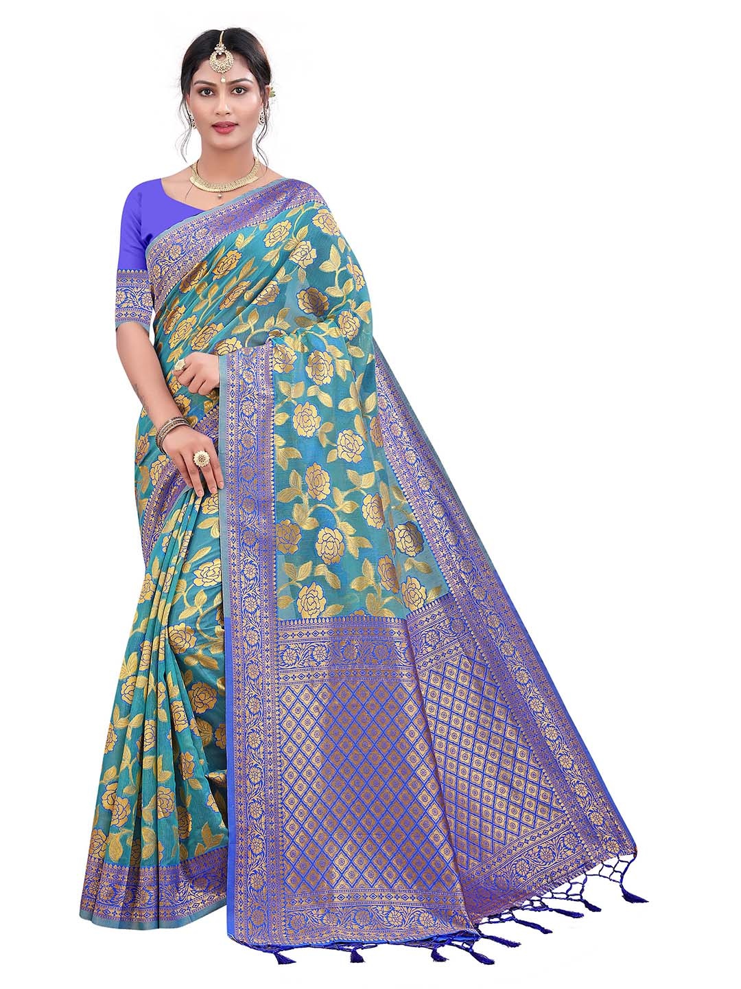 

MANVAA Floral Woven Design Zari Pure Cotton Kanjeevaram Saree, Blue