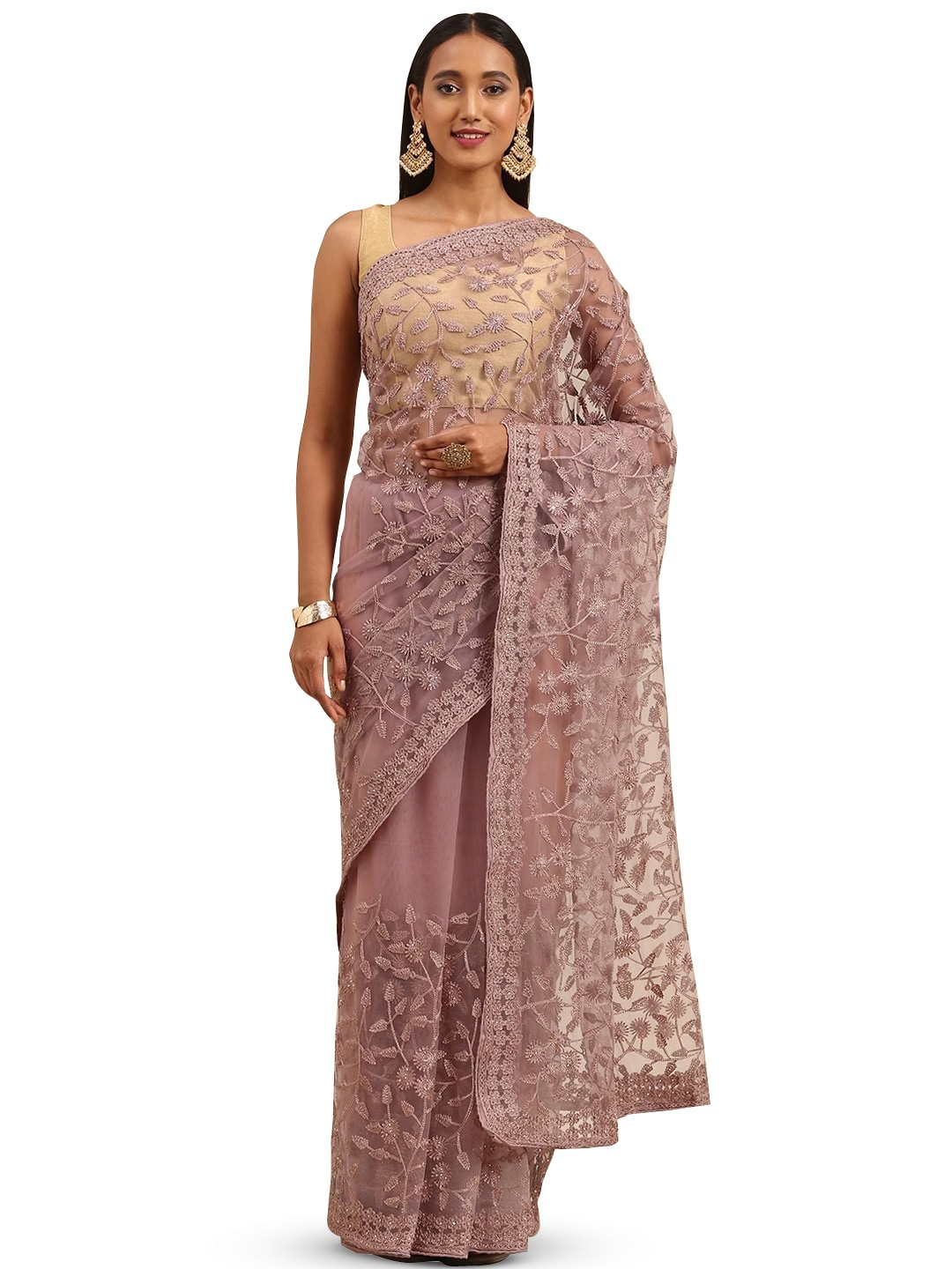 

MANVAA Embellished Embroidered Net Saree, Pink