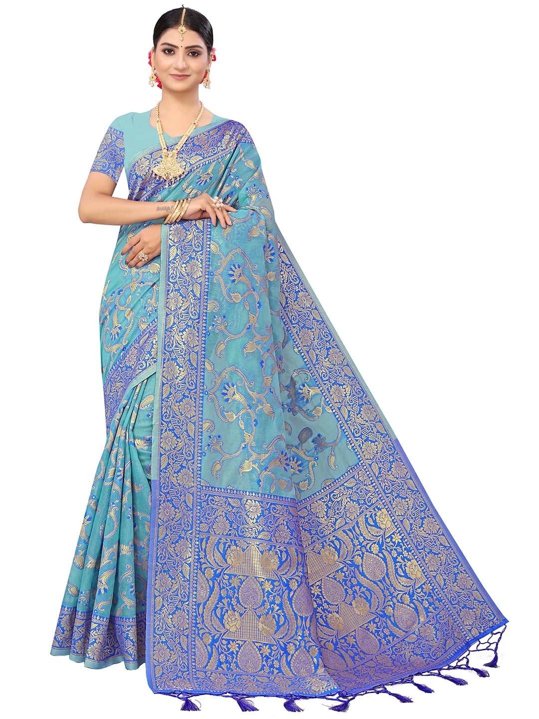 

MANVAA Ethnic Motifs Woven Design Zari Pure Cotton Kanjeevaram Saree, Blue