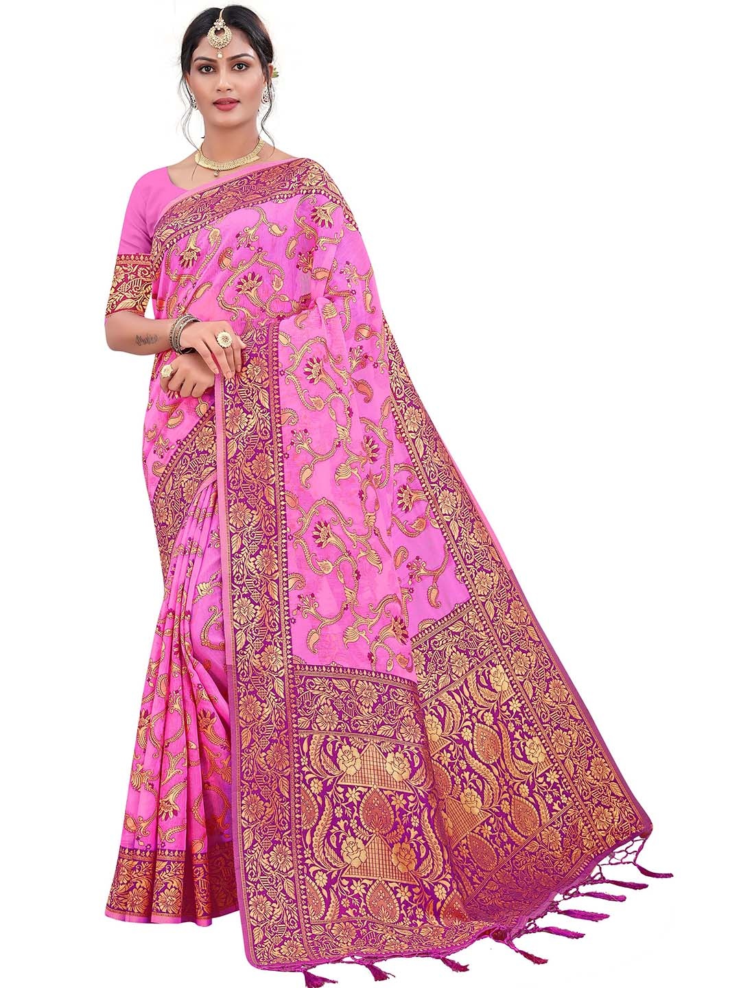 

MANVAA Floral Woven Design Zari Pure Cotton Kanjeevaram Saree, Pink