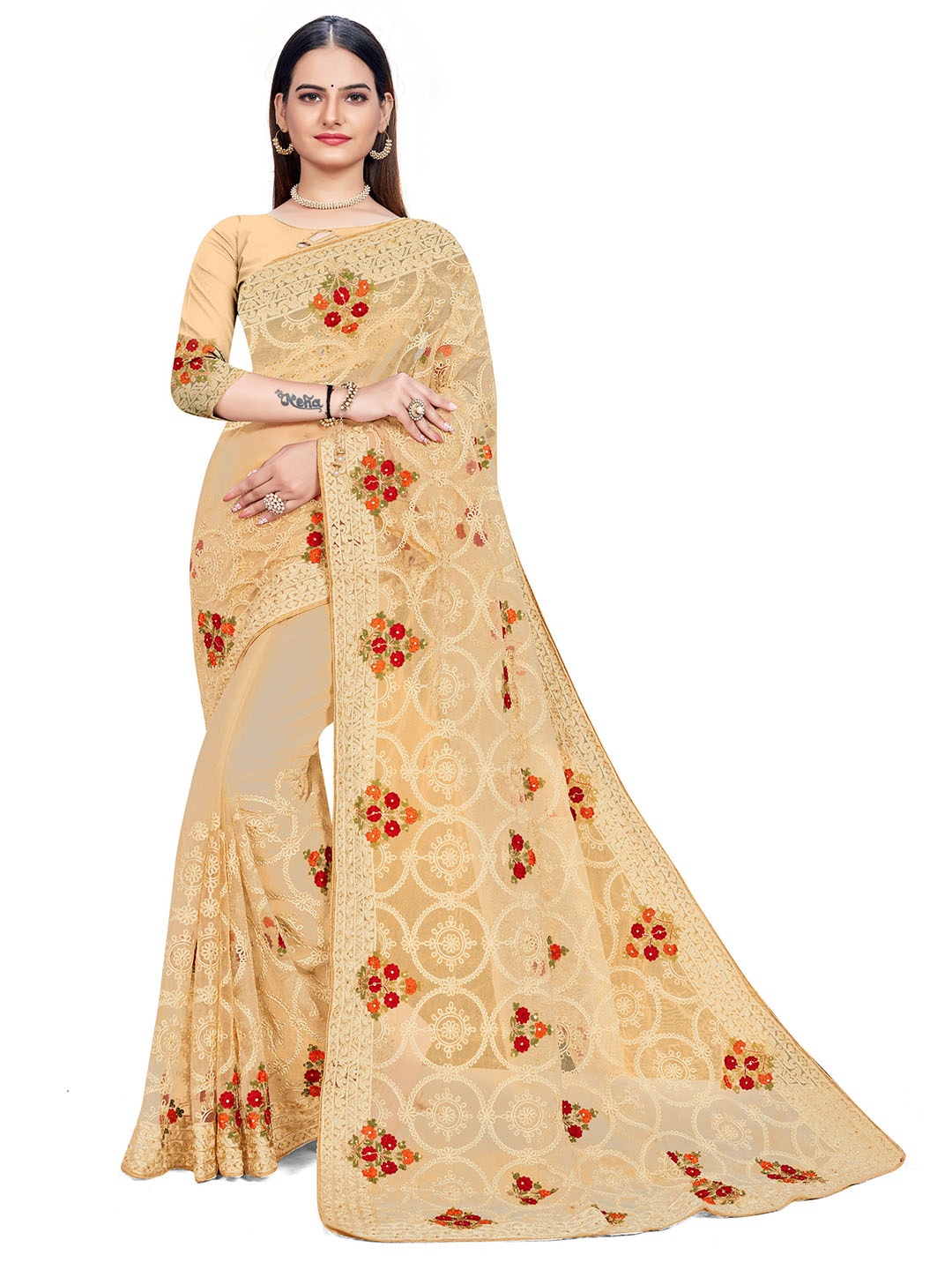 

MANVAA Ethnic Motifs Embroidered Net Saree, Beige