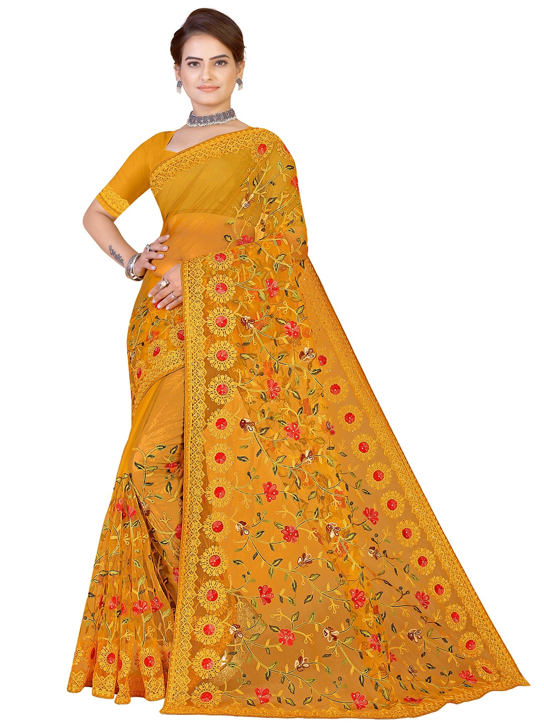 

MANVAA Mustard & Red Ethnic Motifs Embroidered Net Saree