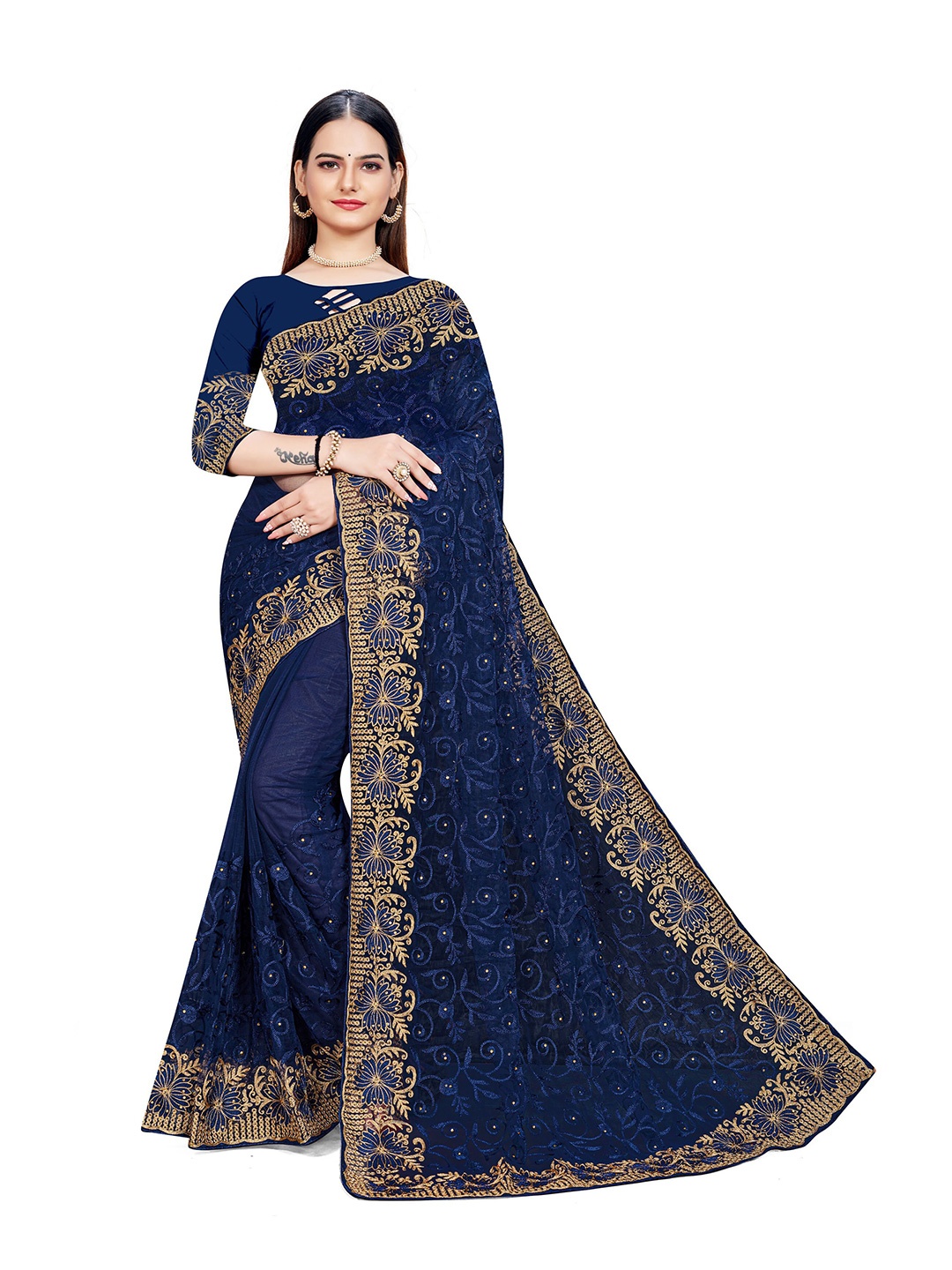 

MANVAA Ethnic Motifs Beads And Stones Embellished Net Heavy Work Saree, Navy blue