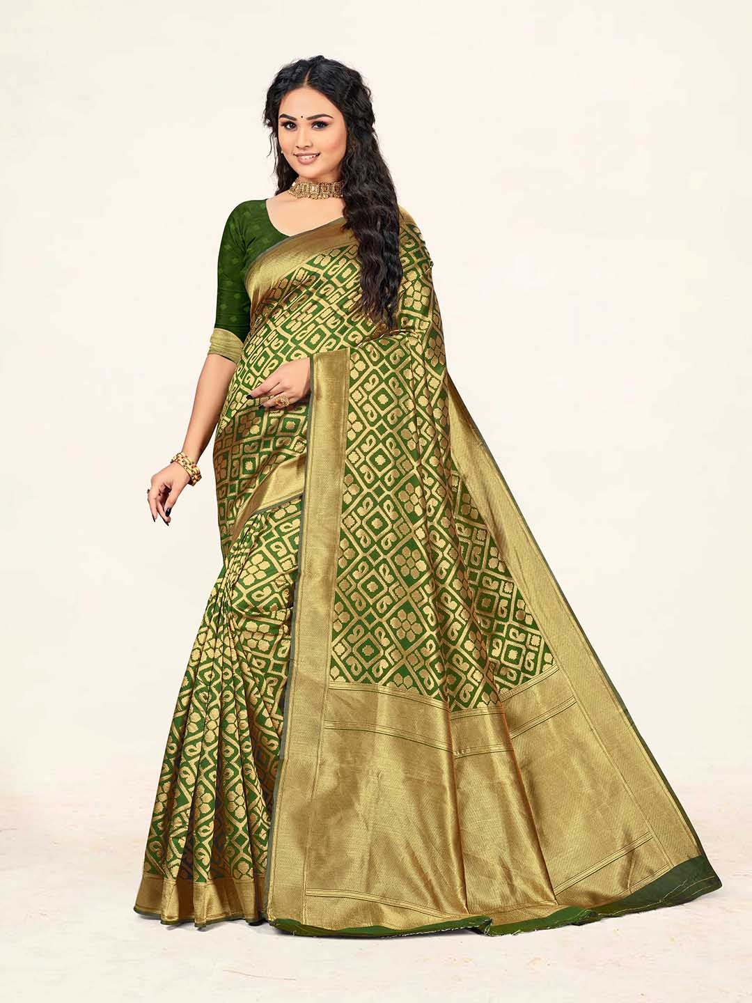 

MANVAA Ethnic Motifs Woven Design Zari Banarasi Saree, Green