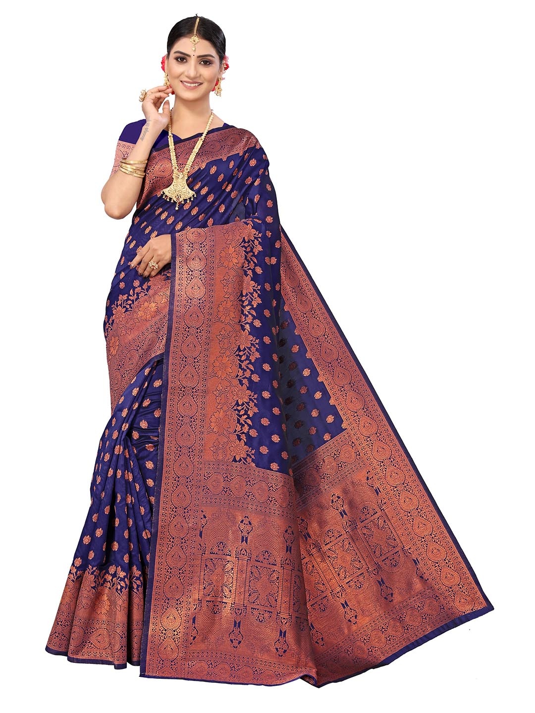 

MANVAA Ethnic Motifs Woven Design Zari Saree, Navy blue