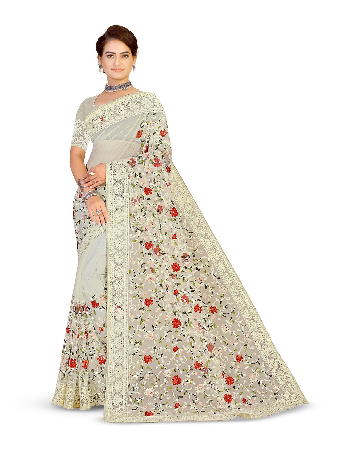 

MANVAA Floral Embroidered Net Saree, White