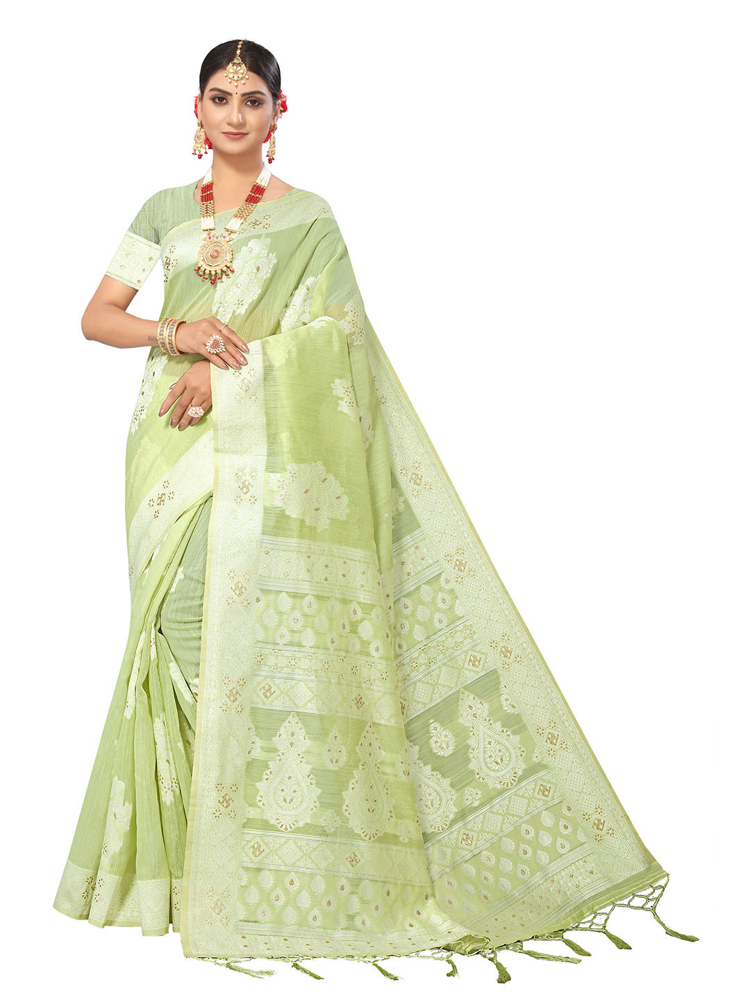 

MANVAA Ethnic Motifs Woven Design Zari Pure Cotton Banarasi Saree, Green