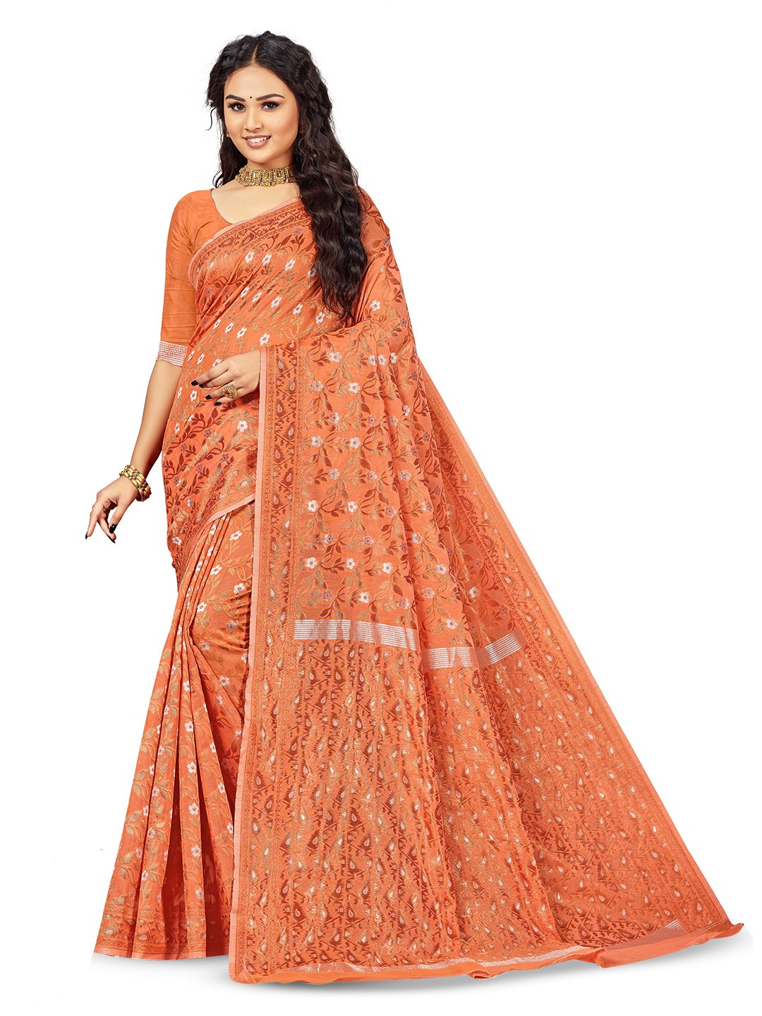 

MANVAA Floral Woven Design Zari Pure Cotton Saree, Peach