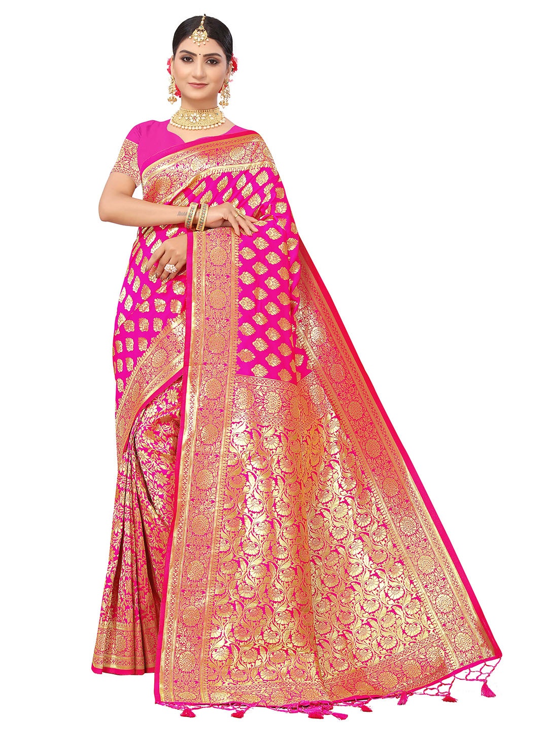 

MANVAA Ethnic Motifs Woven Design Zari Saree, Pink