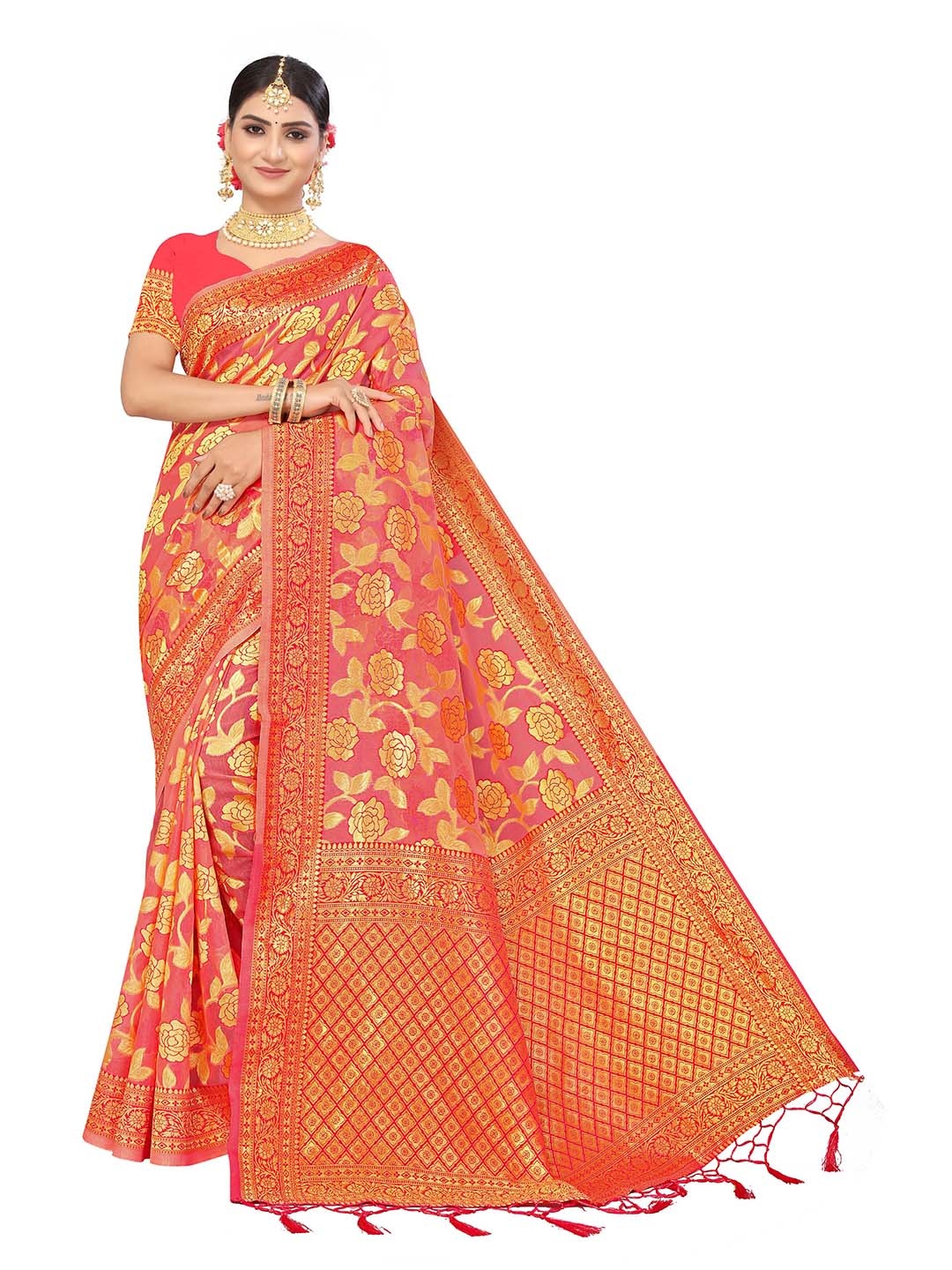 

MANVAA Floral Woven Design Zari Pure Cotton Kanjeevaram Saree, Peach