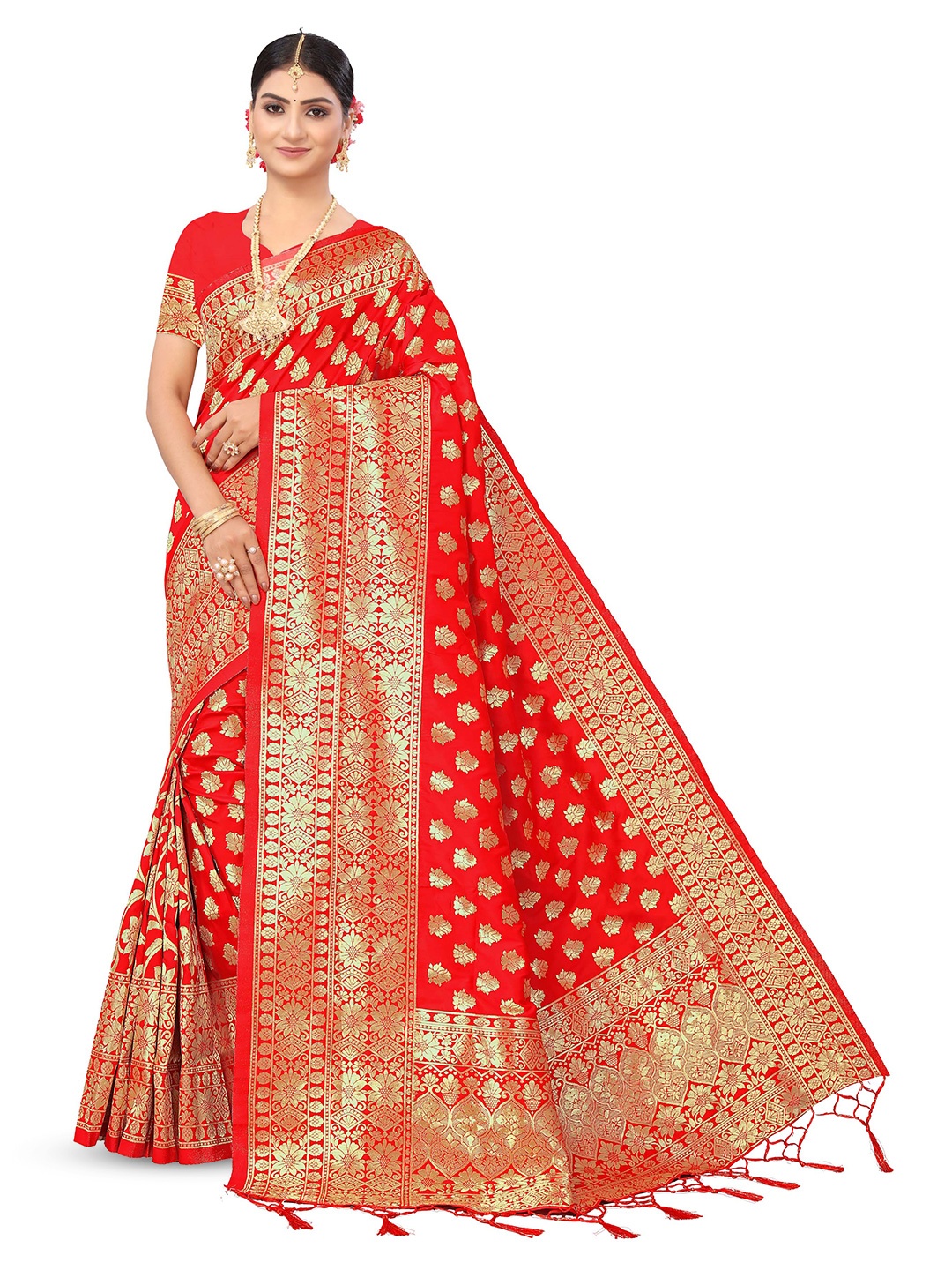 

MANVAA Floral Woven Design Zari Banarasi Saree, Red