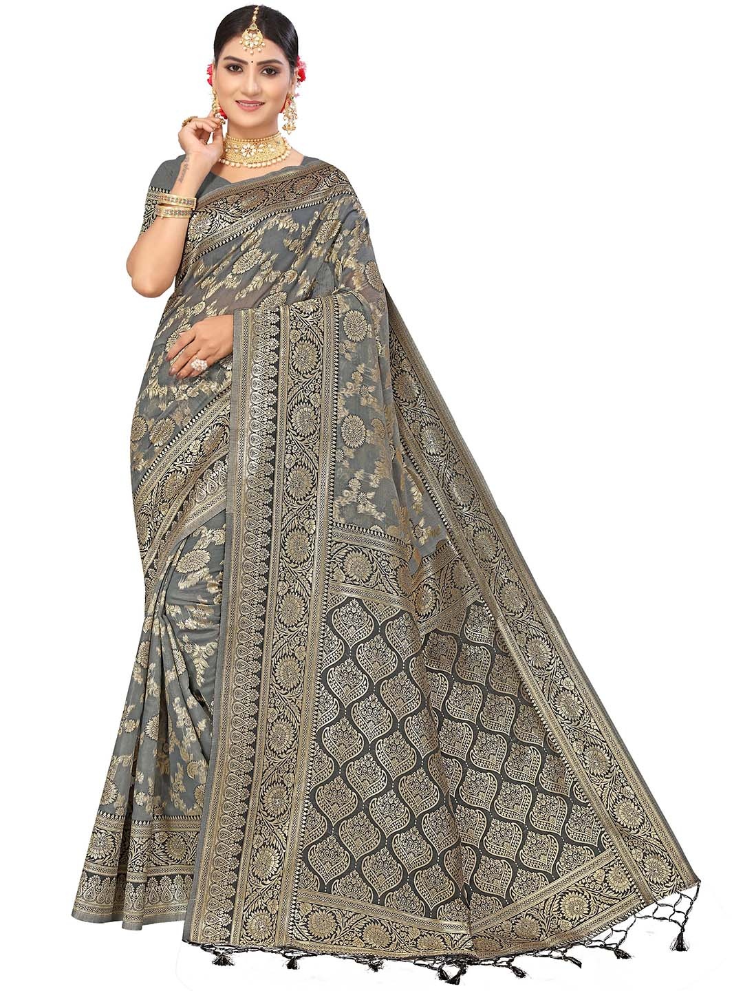 

MANVAA Ethnic Woven Design Zari Pure Cotton Kanjeevaram Saree, Grey