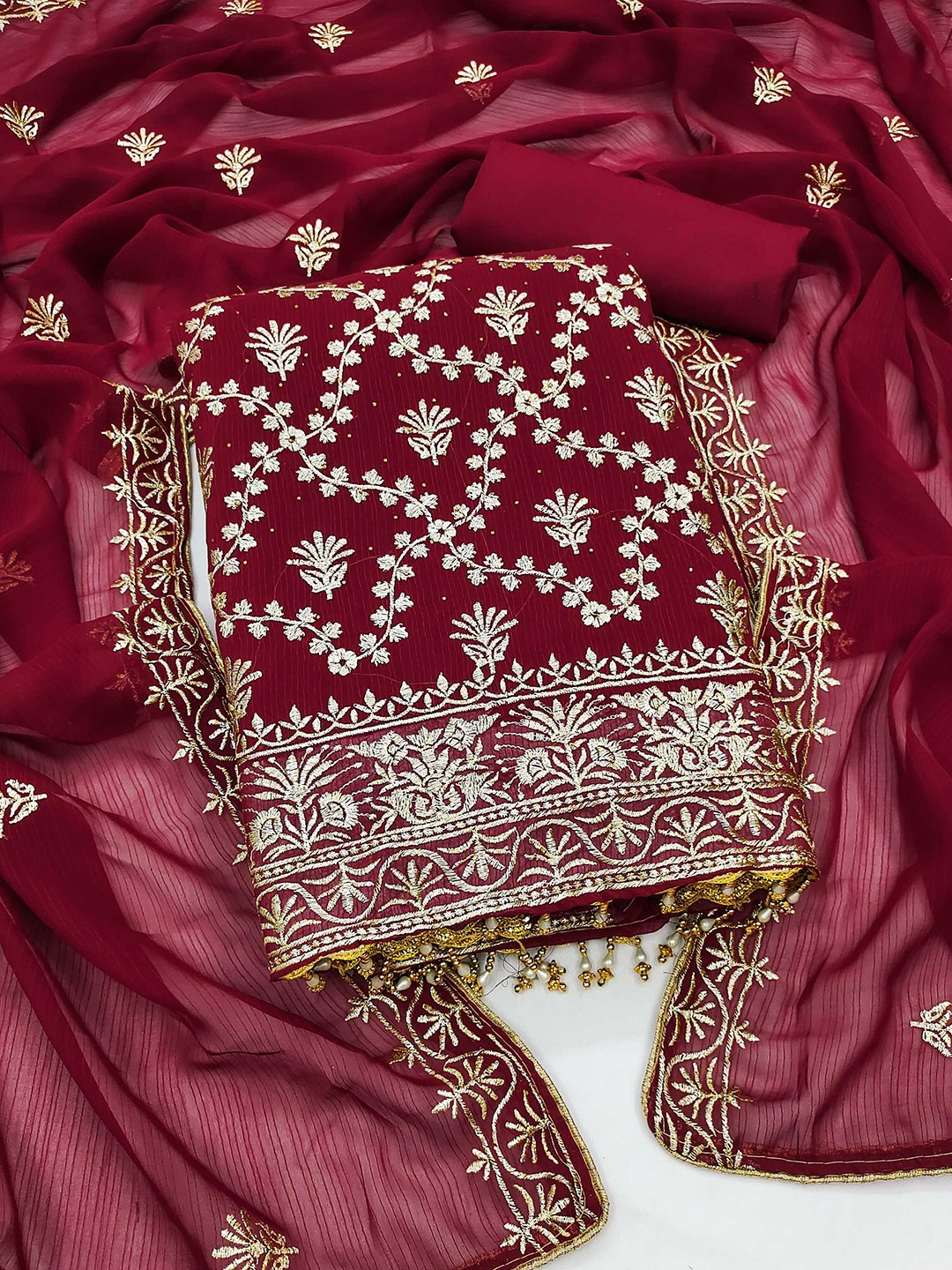 

KALINI Ethnic Motifs Embroidered Unstitched Dress Material, Maroon