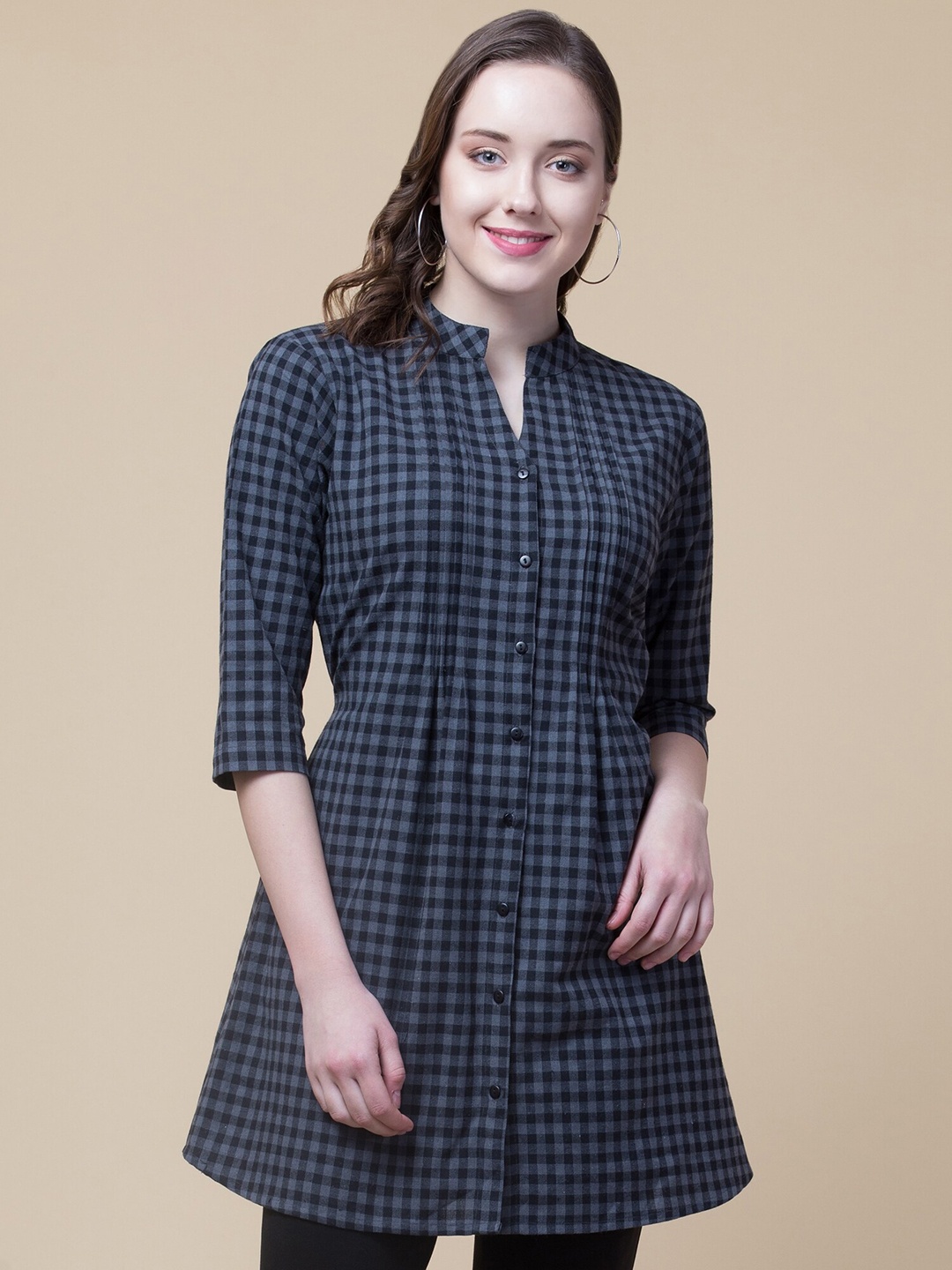 

Hive91 Mandarin Collar Checked Tunic, Grey