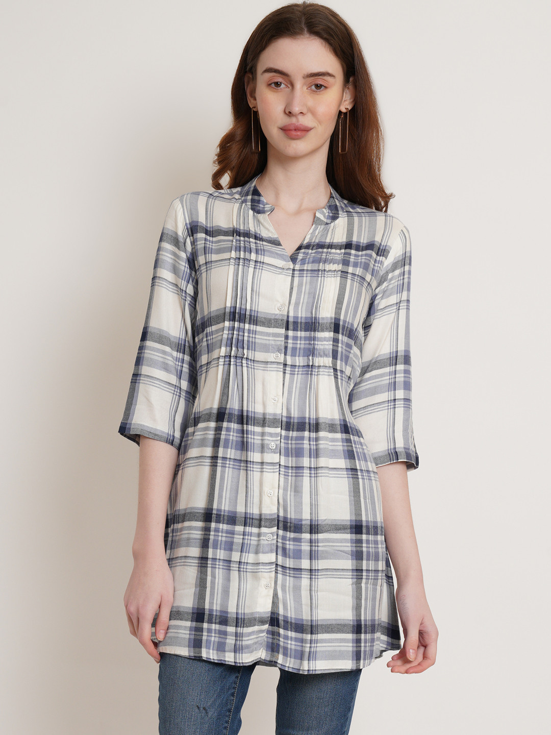 

Hive91 Checked Mandarin Collar Tunic, White