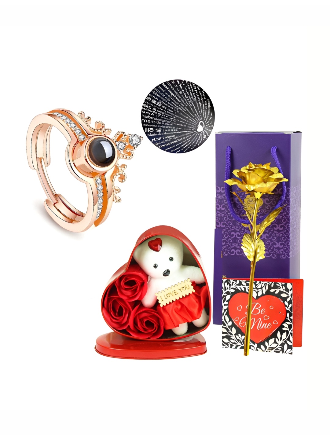 

TIED RIBBONS Red & White 4 Pieces Ring Heart Box Rose & Card Gift Sets