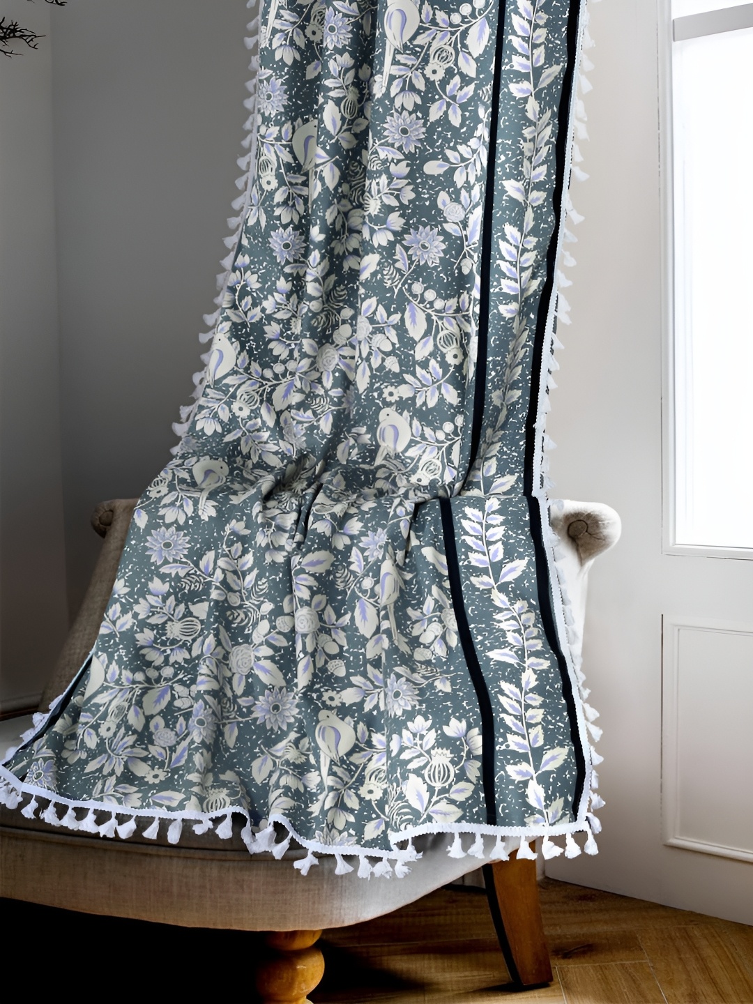 Cortina Blue & White Single Floral Cotton Long Door Curtain