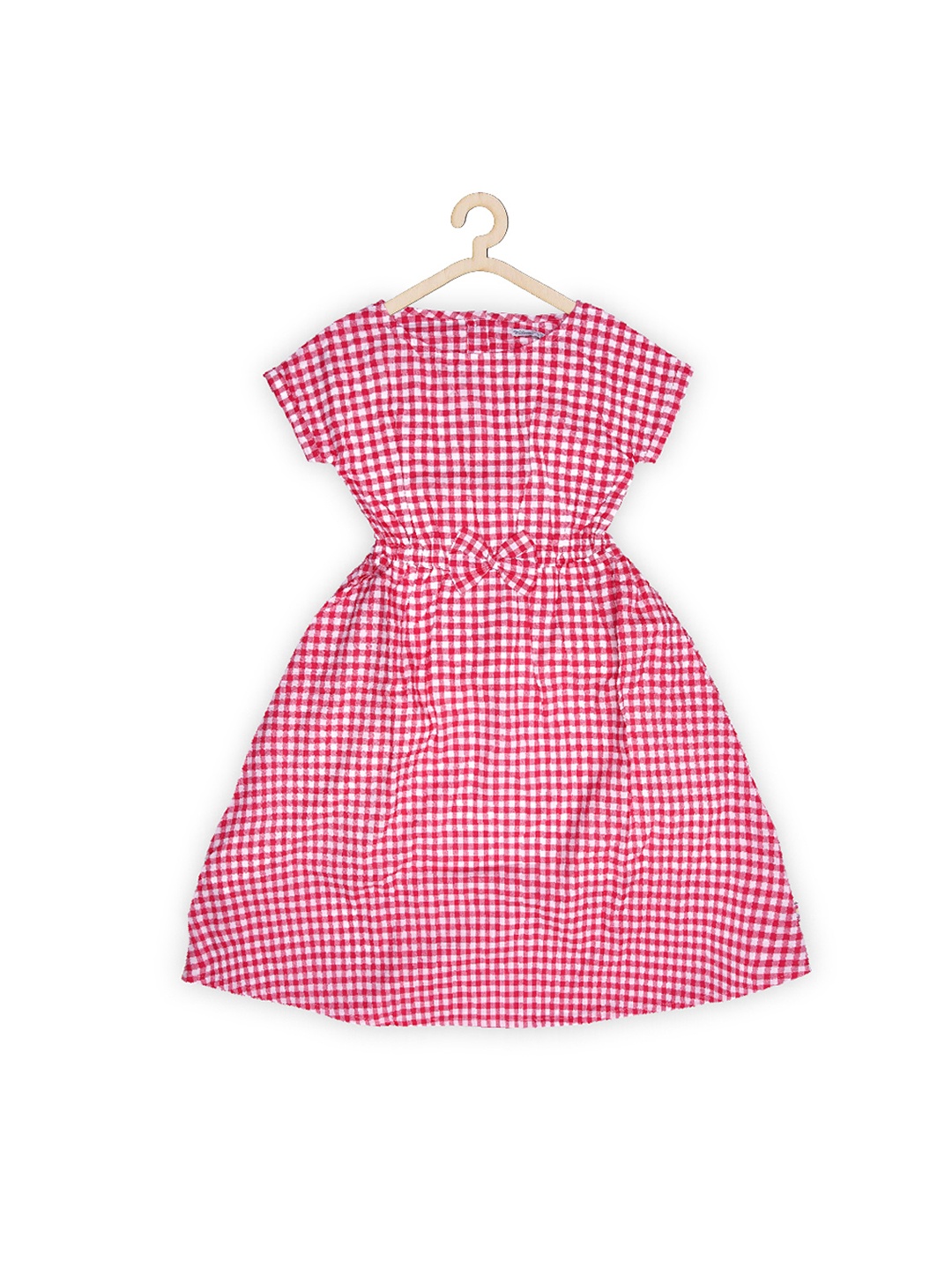 

milou Round Neck Checked Fit & Flare Cotton Opaque Casual Dress, Pink