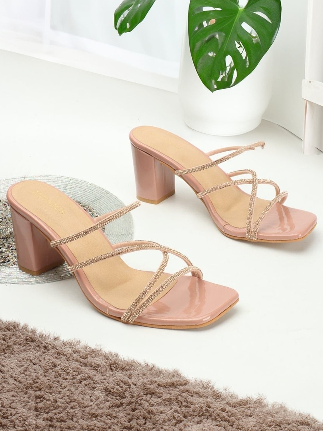 

ICONICS Embellished Open Toe Block Heels, Peach