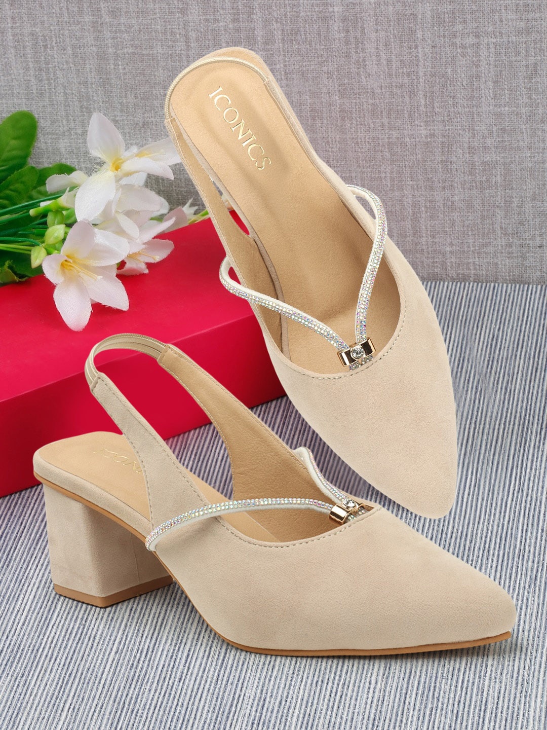 

ICONICS Pointed Toe Block Heeled Pumps, Beige