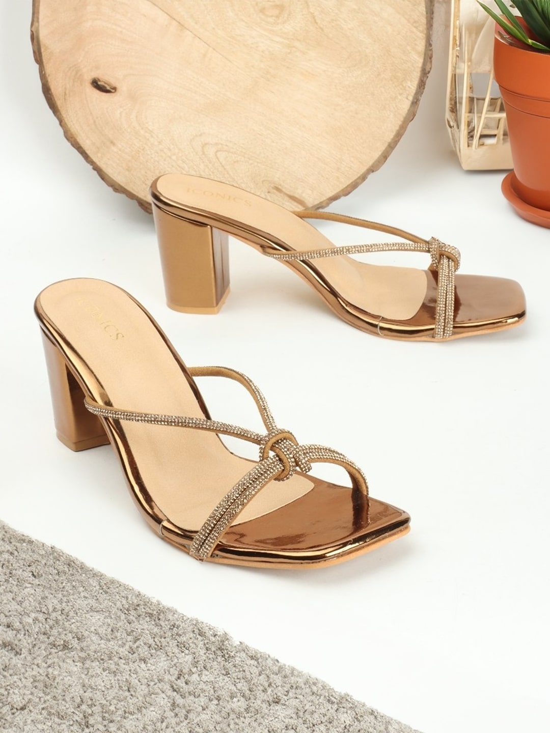 

ICONICS Embellished Open Toe Block Heels, Copper